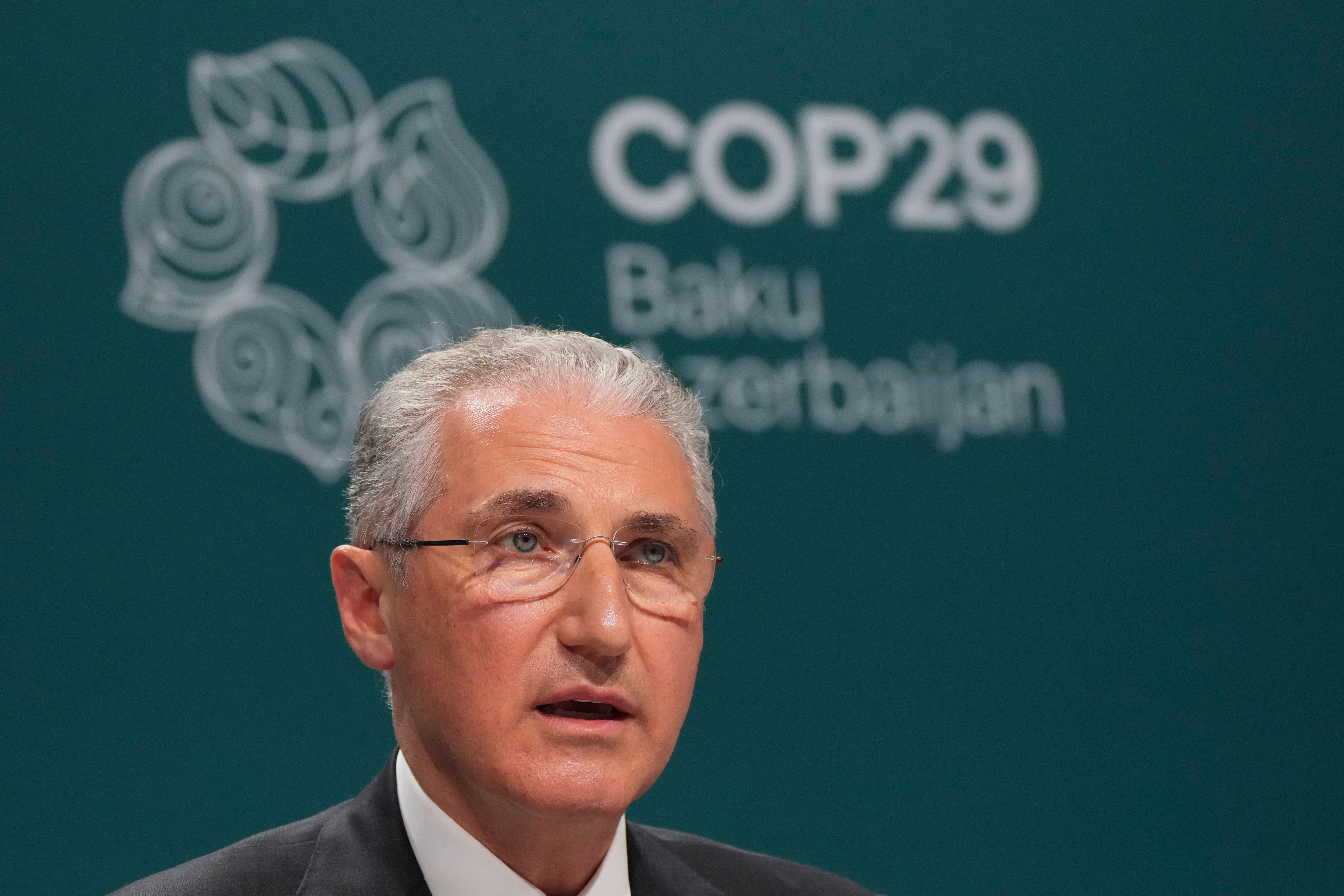 Mukhtar Babayev, Cop29 president, speaking at a news conference on Monday (Sergei Grits/AP)