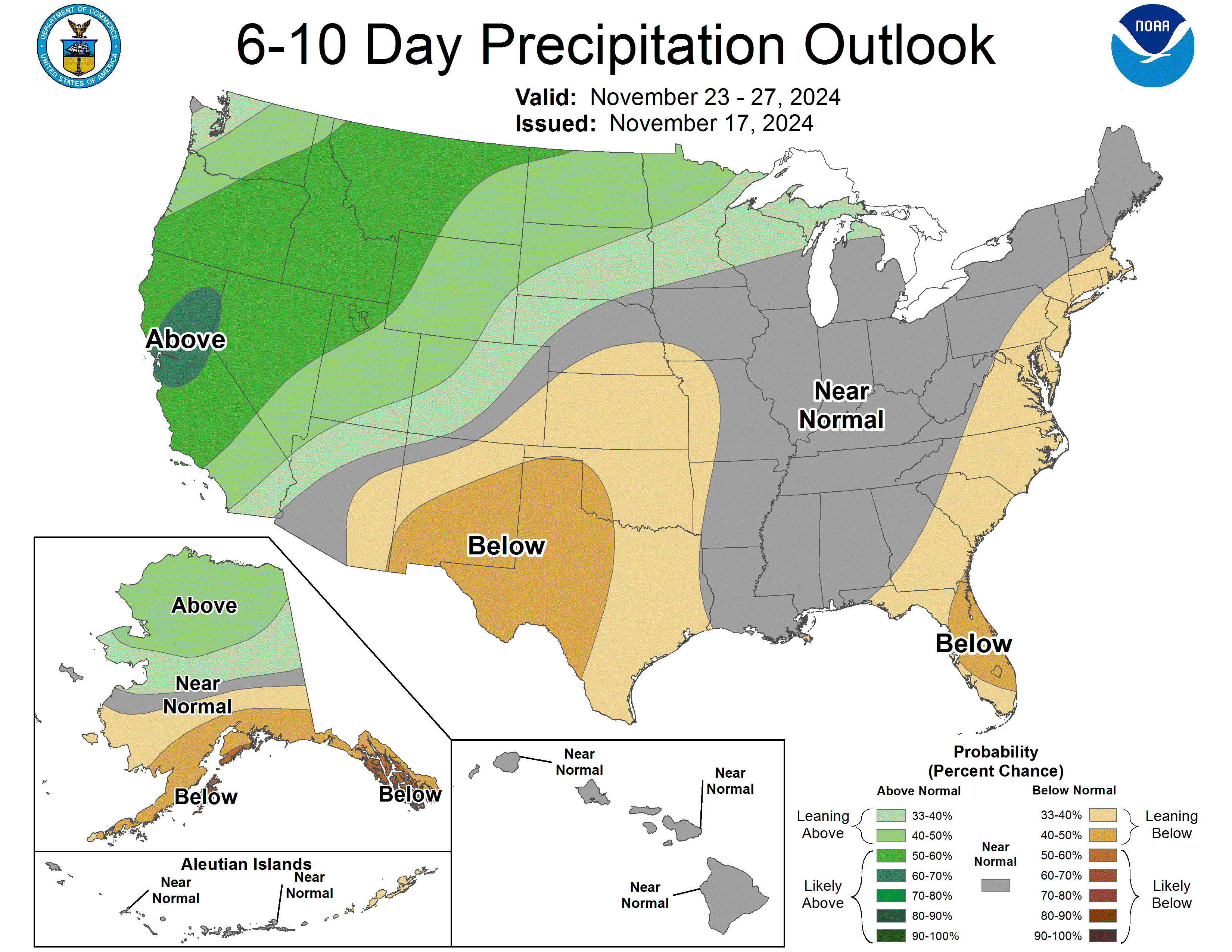 A map shows the National Weather Service Climate Prediction Center’s 6-10 day precipitation outlook across the US. Those looking to travel home for Thanksgiving this week may have to deal with snowstorms and other inclement weather.