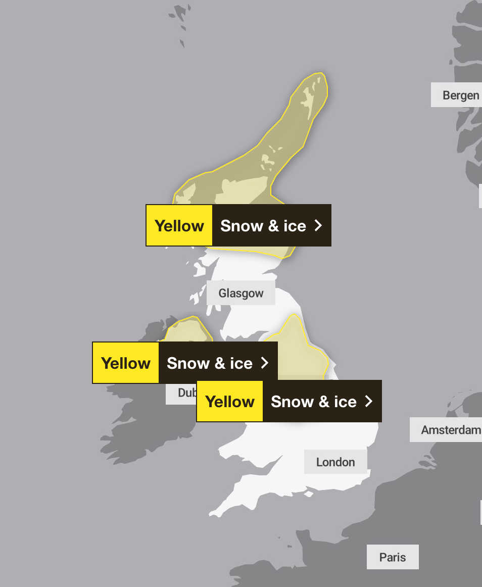 Yellow National Severe Weather Warnings for snow and ice are currently in place from Monday to Wednesday.