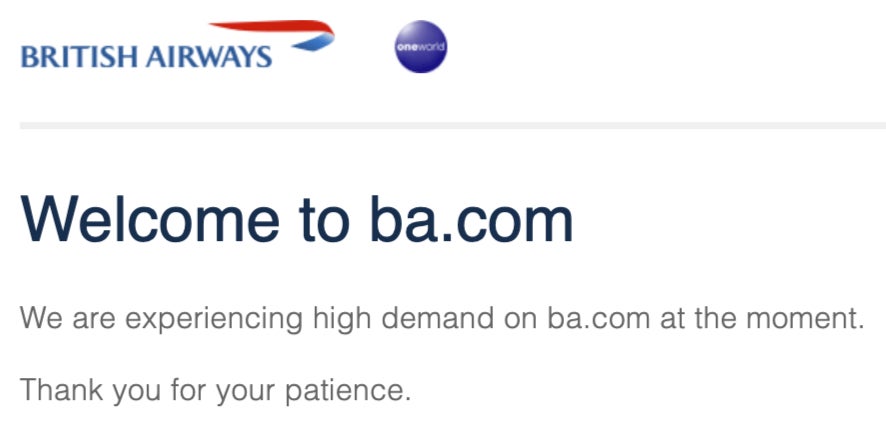 Front page: Message greeting customers on the British Airways website