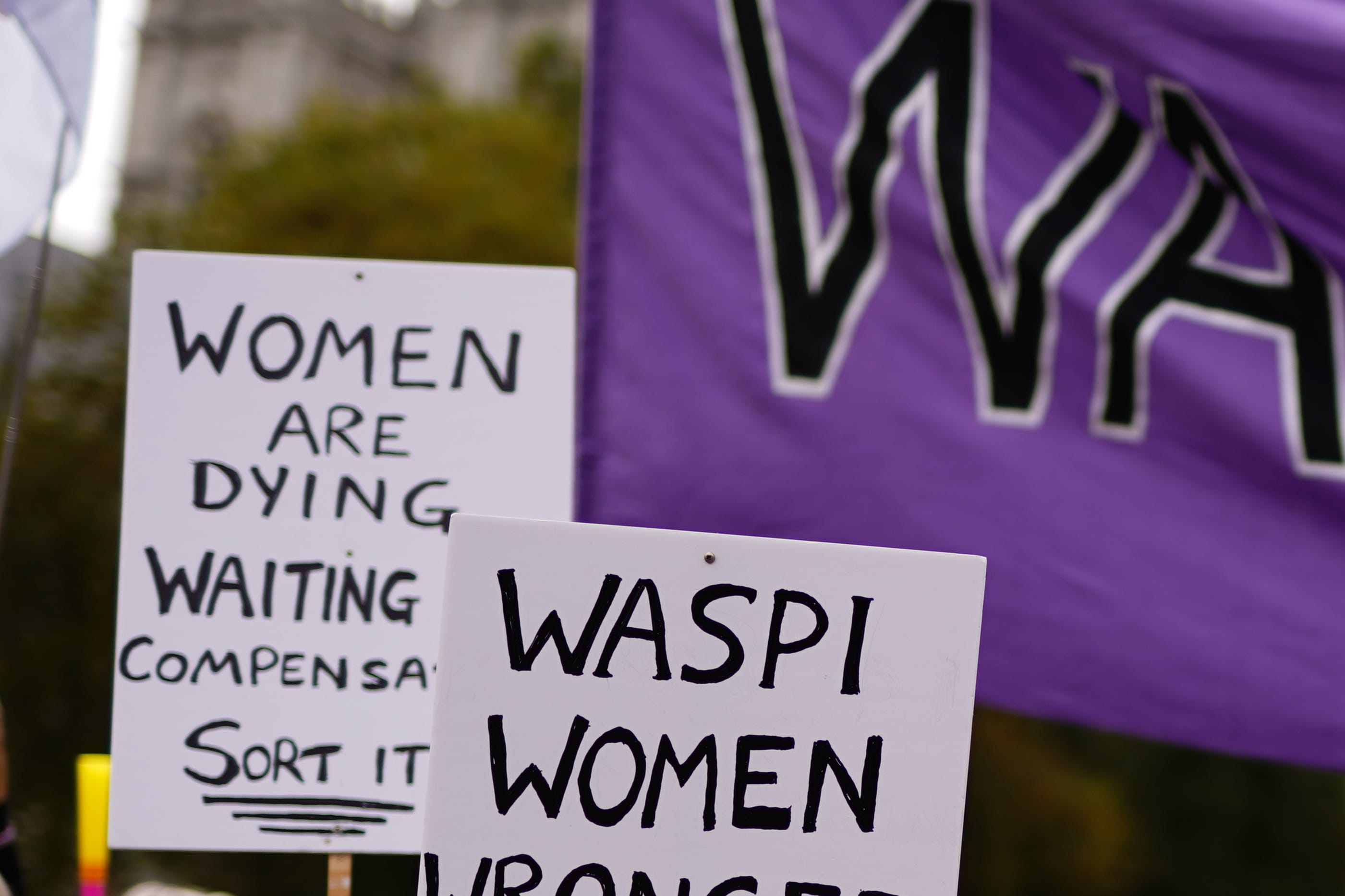 Waspi (Women Against State Pension Inequality) campaigners stage a protest on College Green in Westminster, London (Jordan Pettitt/PA)