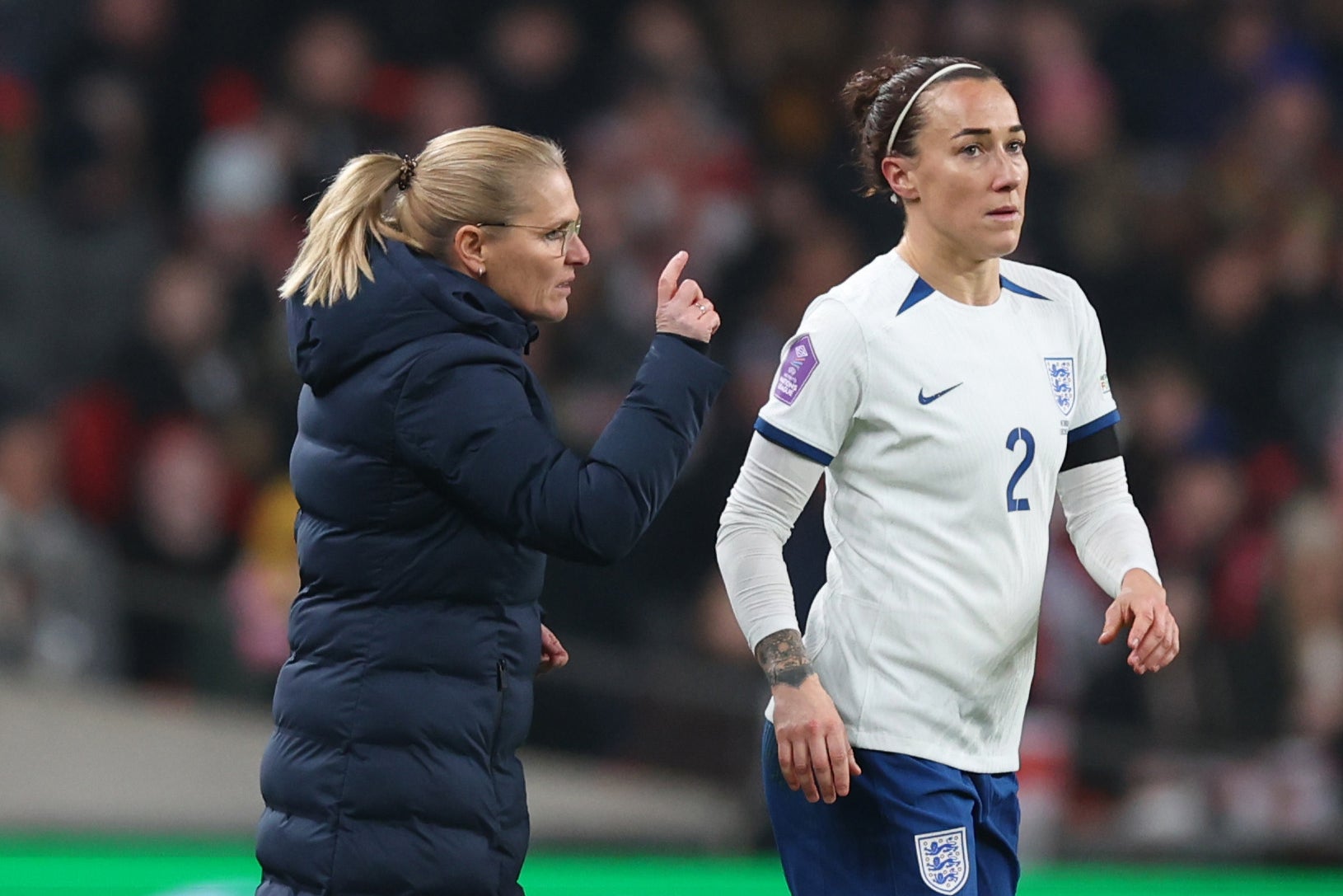 ‘This is an important international window for us to continue our work to be ready for next summer’s Euros,’ said England manager Sarina Wiegman, above with Lucy Bronze