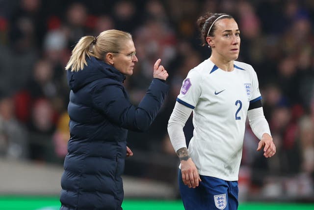 <p>‘This is an important international window for us to continue our work to be ready for next summer’s Euros,’ said England manager Sarina Wiegman, above with Lucy Bronze </p>