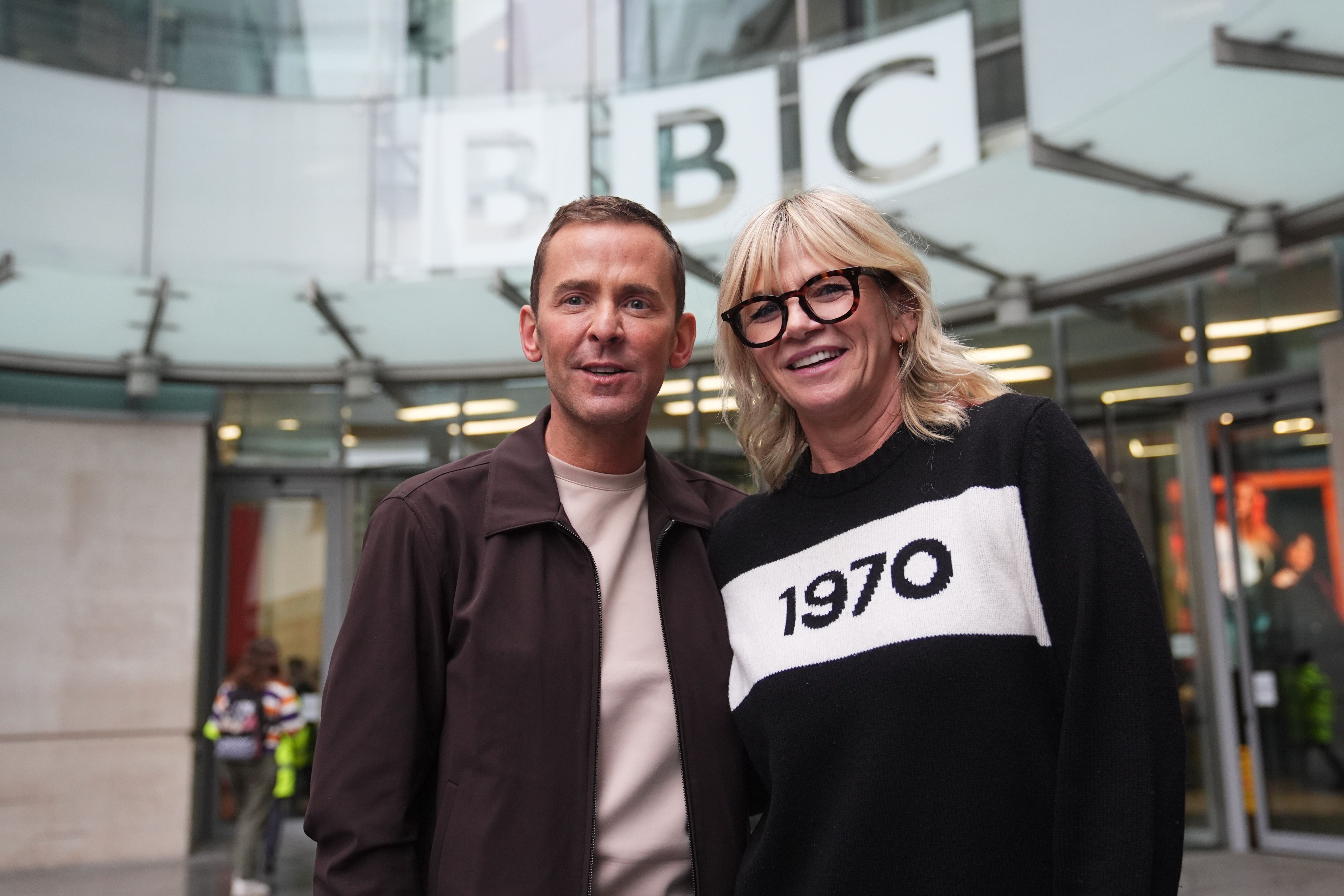 Zoe Ball with new Radio 2 Breakfast Show presenter Scott Mills (James Manning/PA)