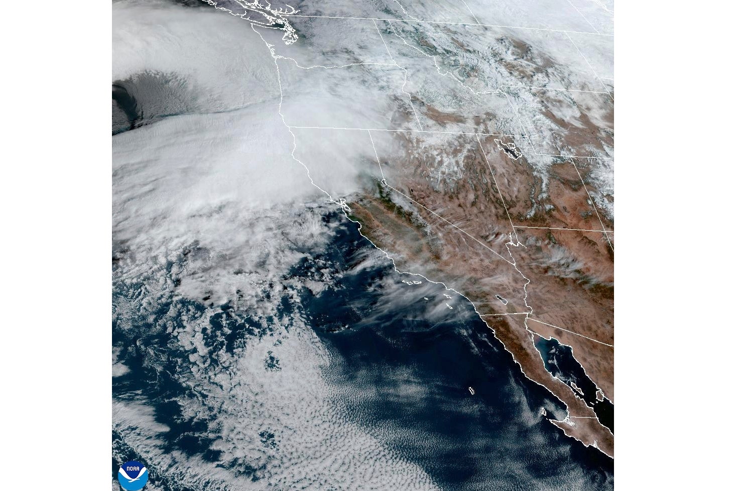 A satellite image shows the huge storm gathering in northern California and the Pacific Northwest