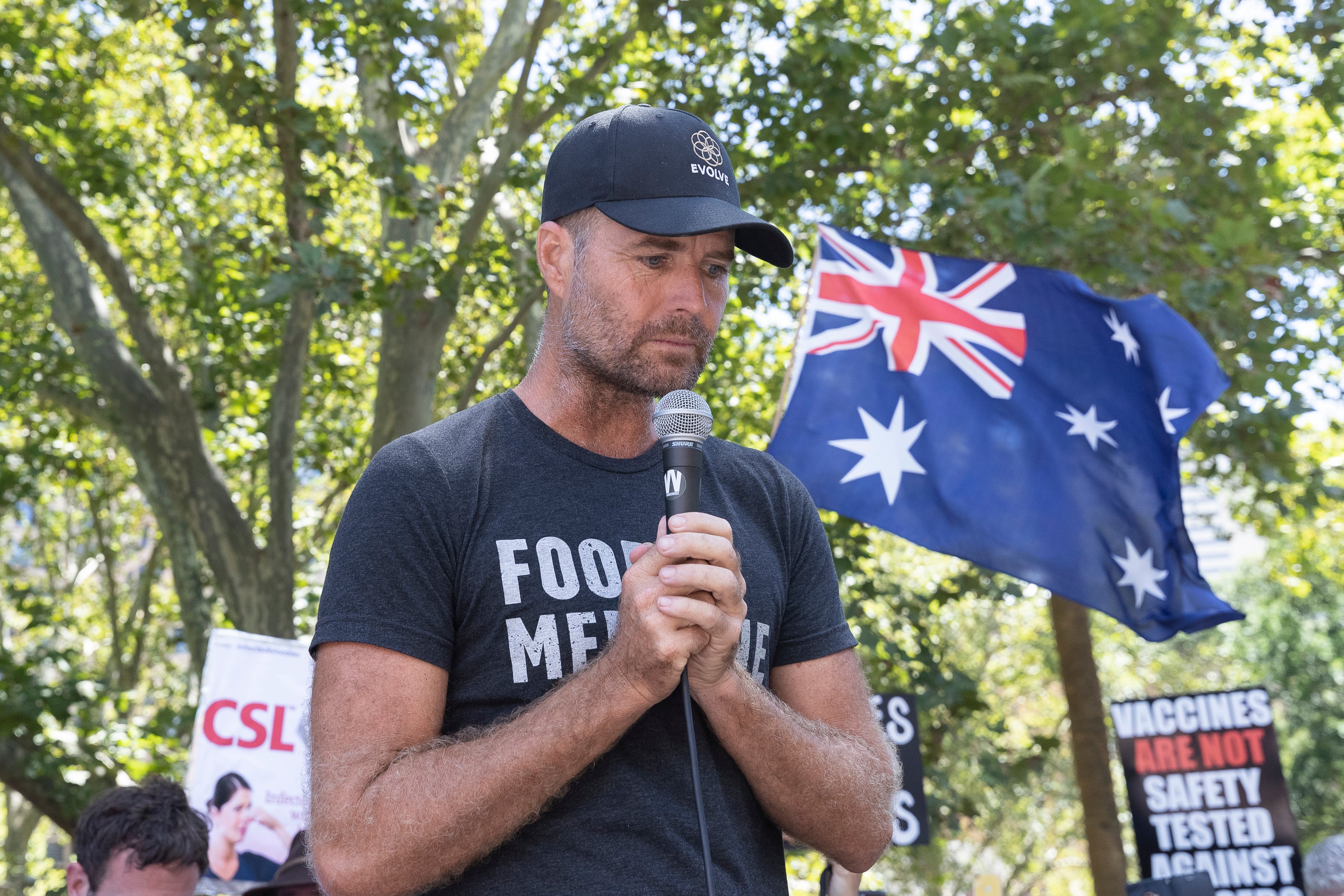 Pete Evans pictured at an anti-vaccine rally in Sydney, Australia in 2021. Evans has secured a book deal with Robert F. Kennedy Jr.’s organization, Children’s Health Defense