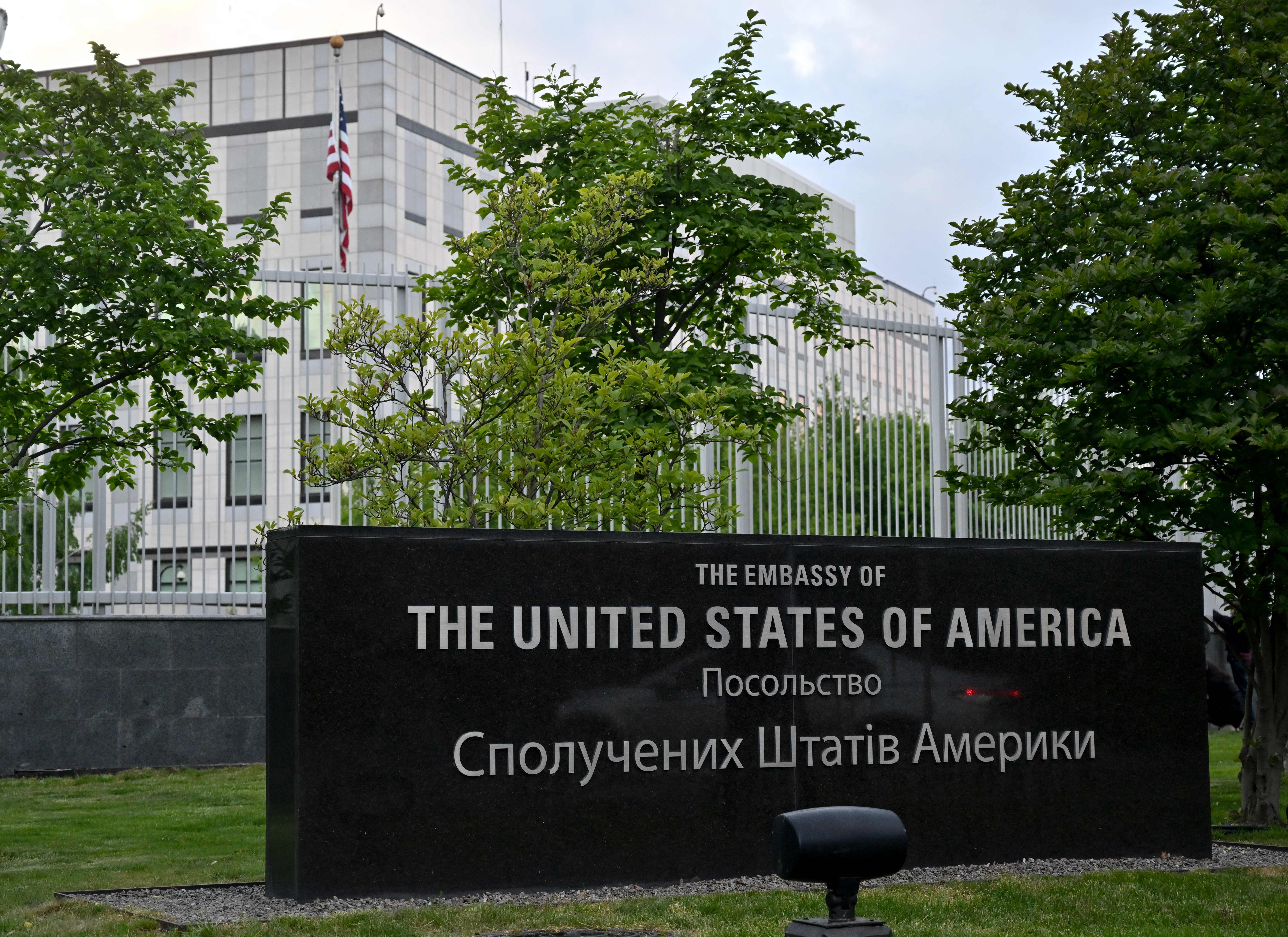 A picture shows a view of the US embassy in Kyiv on 18 May 2022