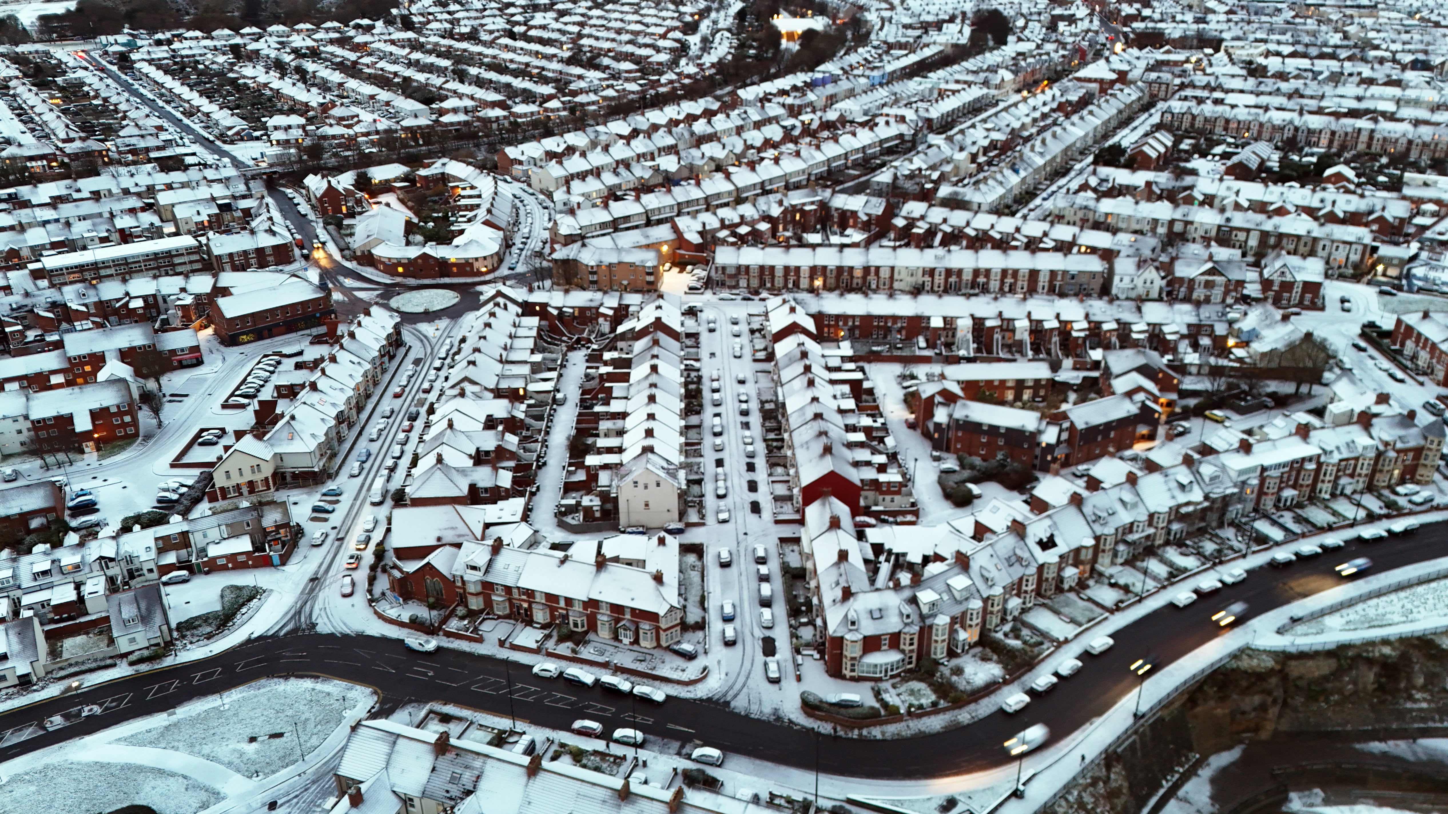 Houses in North Tyneside covered in snow in a wintry scene