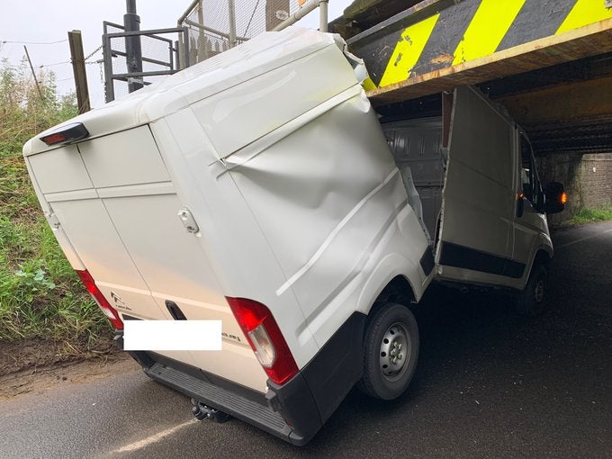 Another victim of the bridge in 2019 - in this case the van driver was ‘very lucky’ to escape with minor injuries, Cambridgeshire Police said