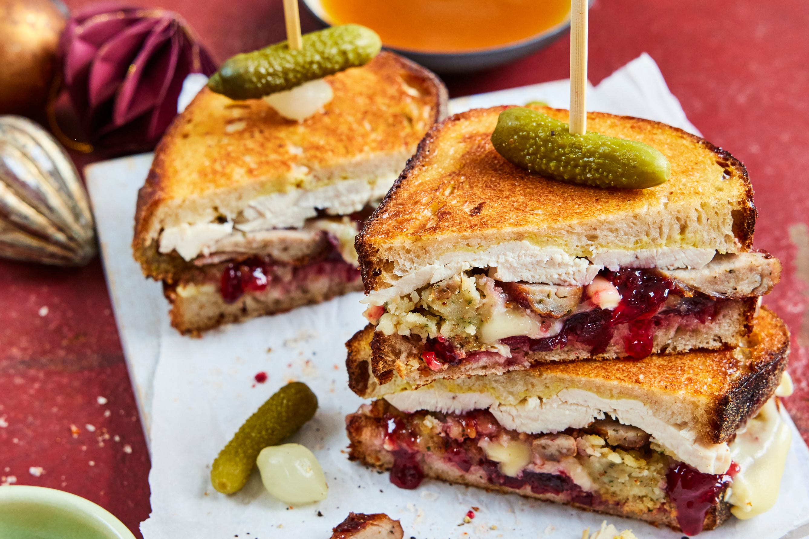 The ultimate Boxing Day indulgence – this loaded Christmas toastie layers festive favourites like turkey, stuffing and brie