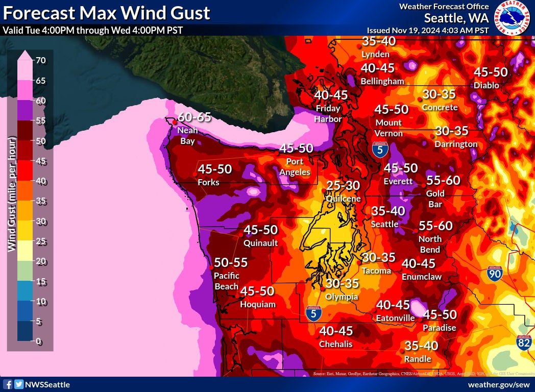 National Weather Service Seattle’s weather forecast office estimates wind speeds through to Wednesday evening