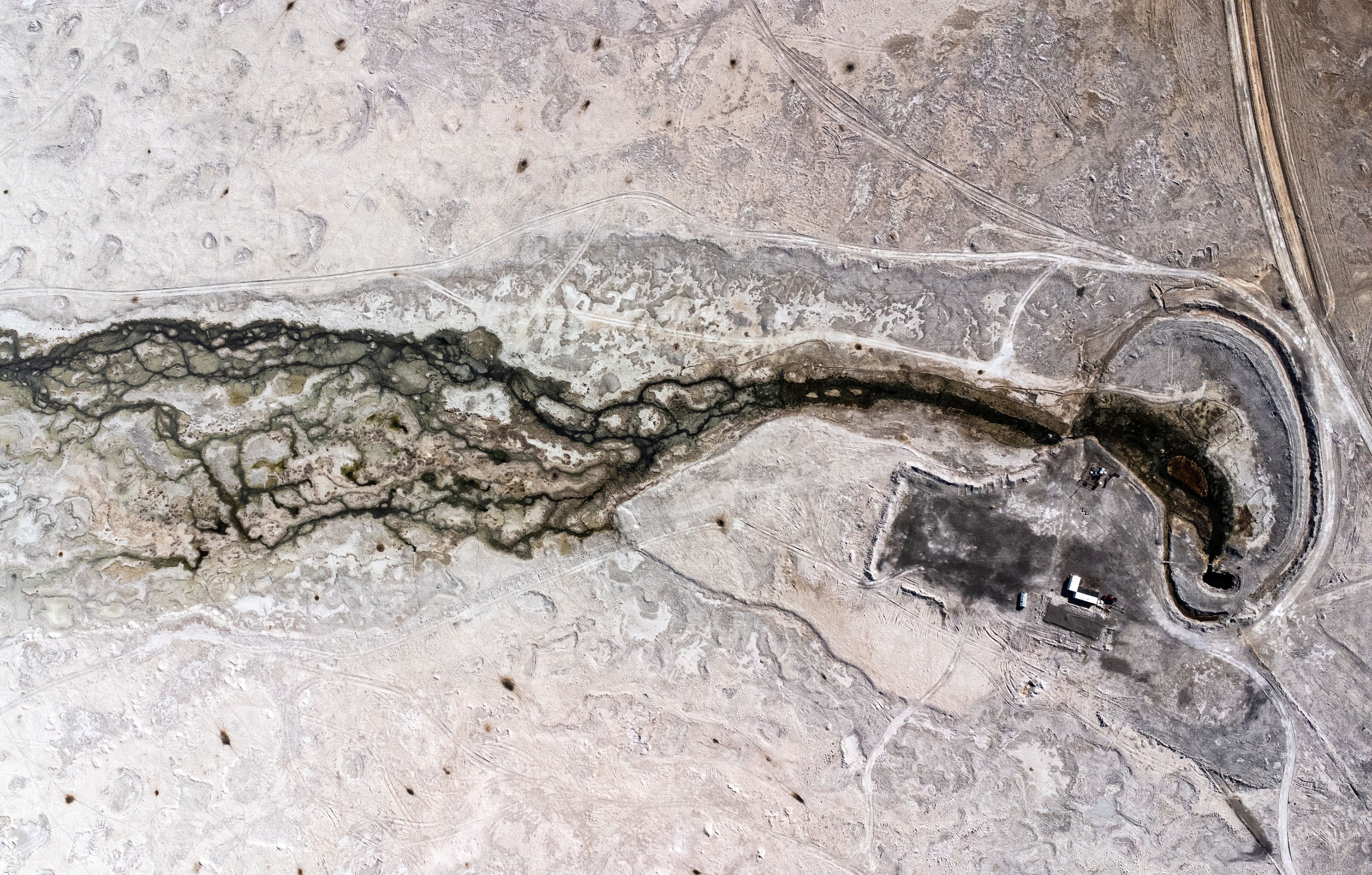 A drone view shows a water source on Ascotan salt flat, a place where the fish known as 'Karachi' or 'Orestias Ascotanensis' inhabit