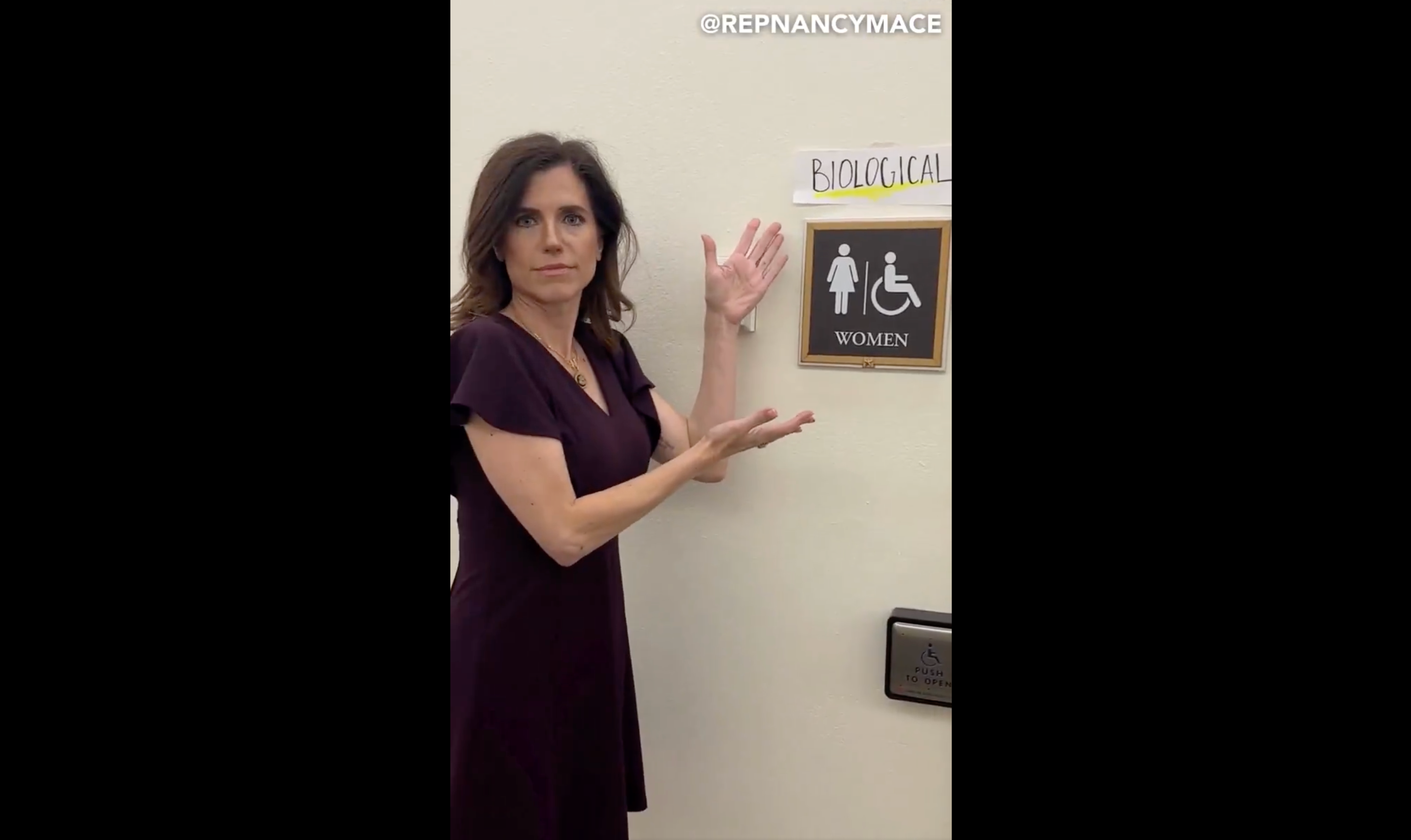 Nancy Mace slaps paper with ‘biological’ written on it above women’s restroom sign after first transgender member of Congress gets elected