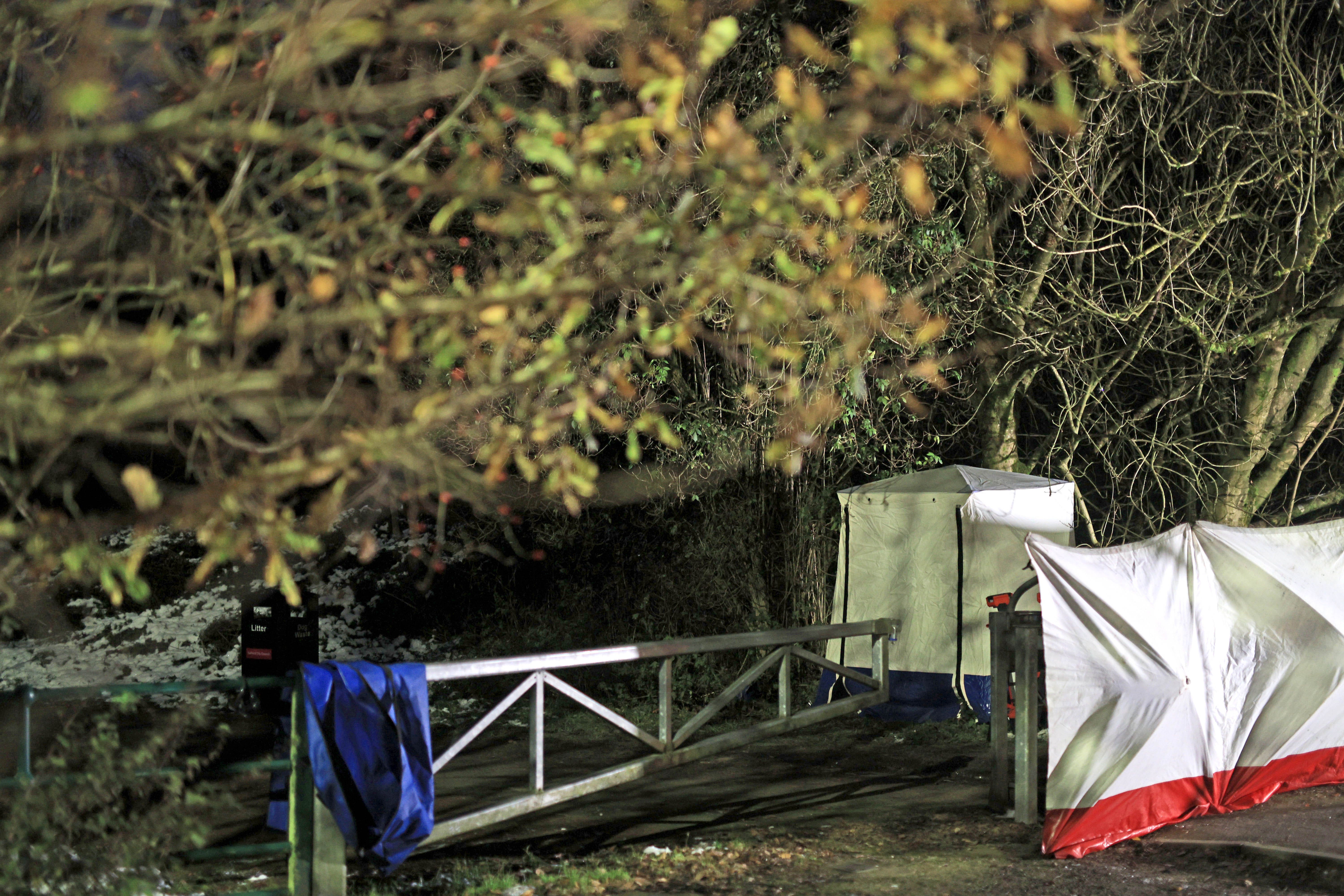 A police tent at the scene on Ravenscraig Road near Ashtons Field, Salford where the remains of a baby were found (Ryan Jenkinson/PA)