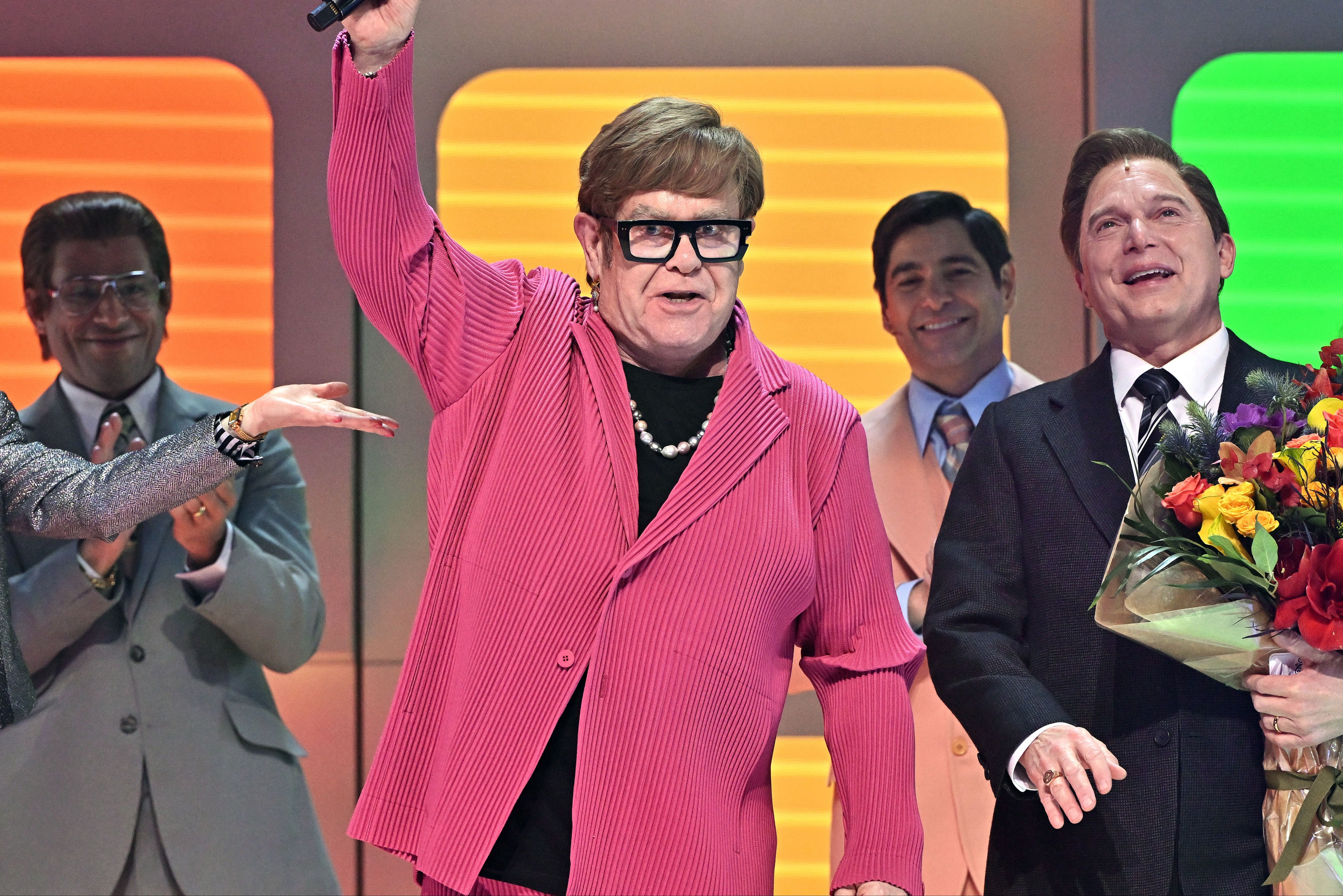 Elton John appearing during the opening night curtain call for ‘Tammy Faye’ at the Palace Theatre on Broadway, November 14