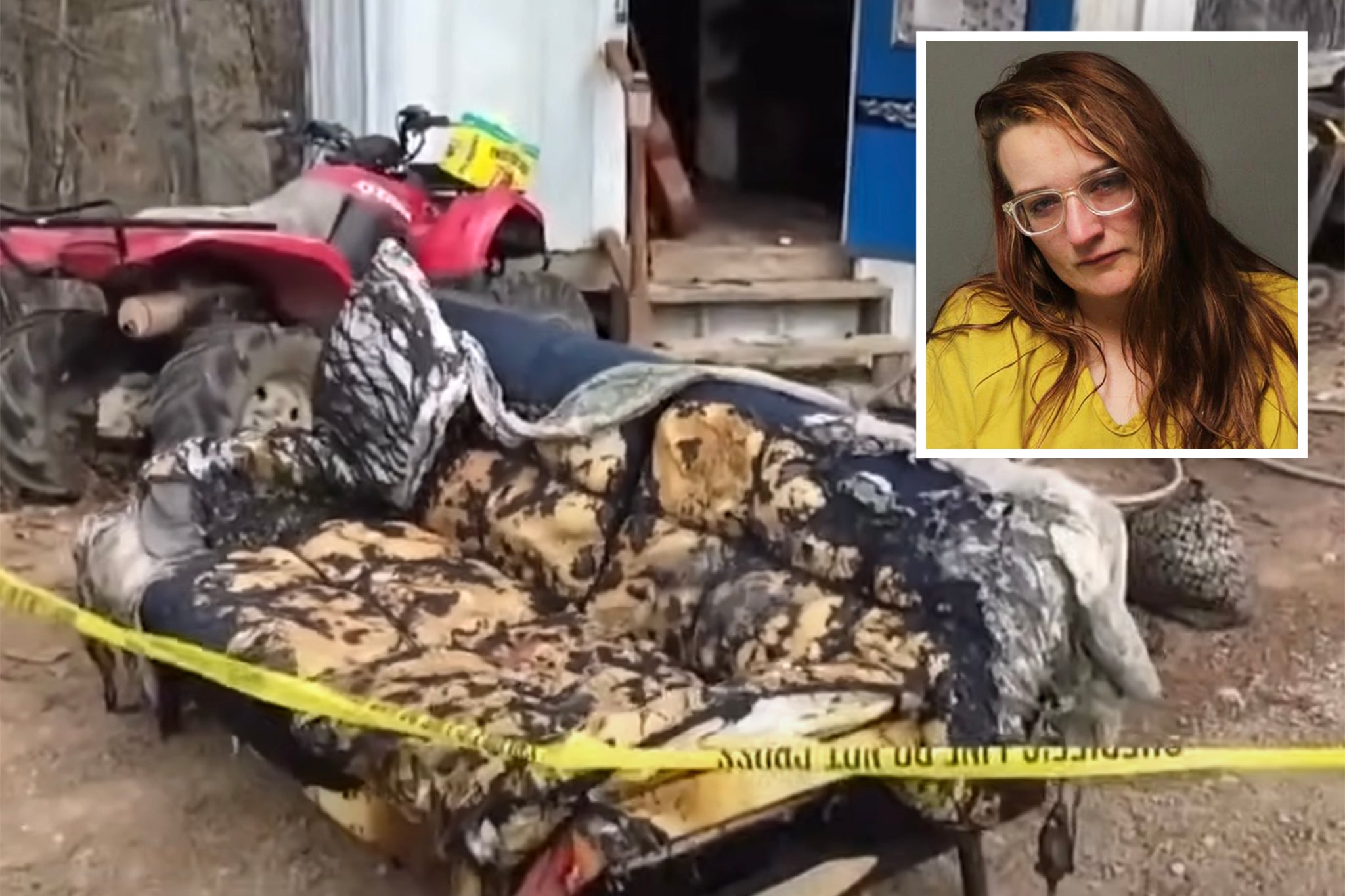 Savannah Renee Adams, 28, (inset) allegedly doused the victim in gasoline and set her alight while she sat on this sofa (pictured)