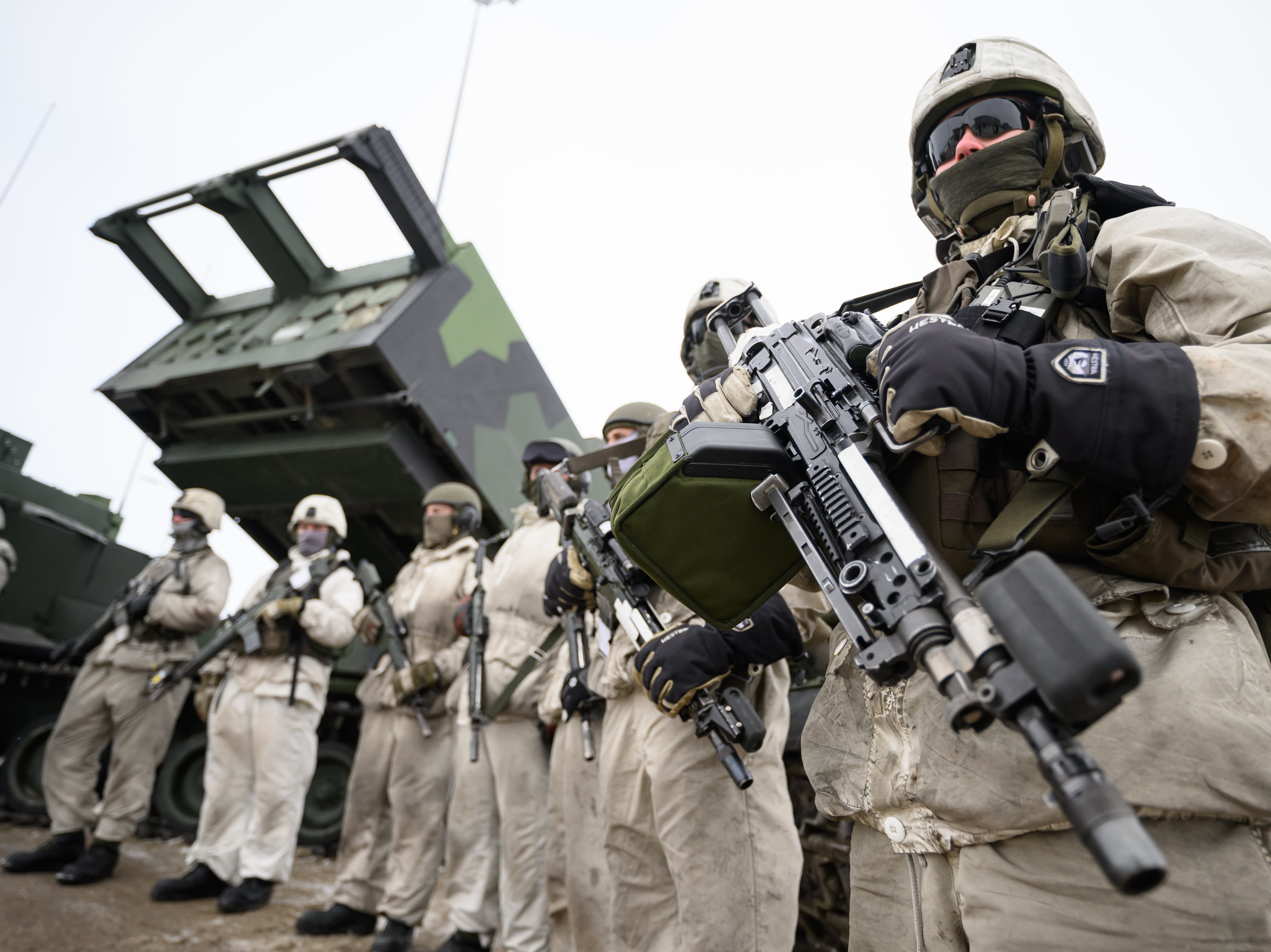 Swedish soldiers taking part in a training exercise on the Finland/Norway border in March