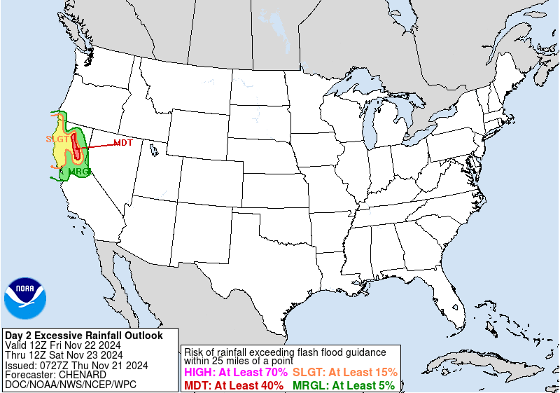 Flash flooding probability through to Thursday is forecast by the Weather Prediction Center