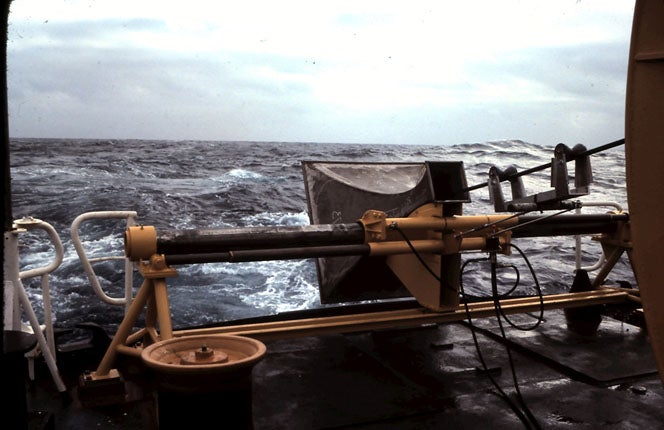 The acoustic antenna is seen on the back of a ship that recorded the mysterious ‘Bio-Duck’ quacks. The antenna allowed scientists to figure out where the sounds were coming from