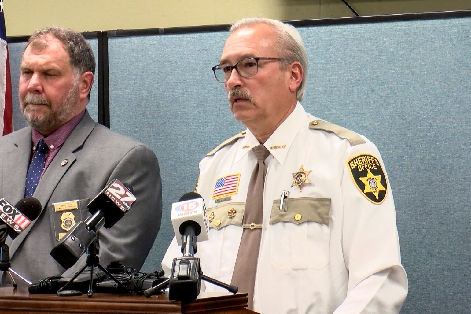 Green Lake County Sheriff Mark Podoll speaking at a news conference Friday, 8 November 2024, about authorities' belief that a Wisconsin man faked his own drowning