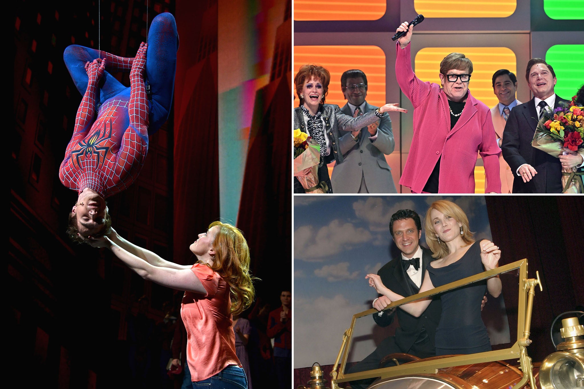 Clockwise from left: ‘Spider-Man: Turn Off The Dark’, Elton John at the opening night curtain call for ‘Tammy Faye’, and the stars of ‘Chitty Chitty Bang Bang’