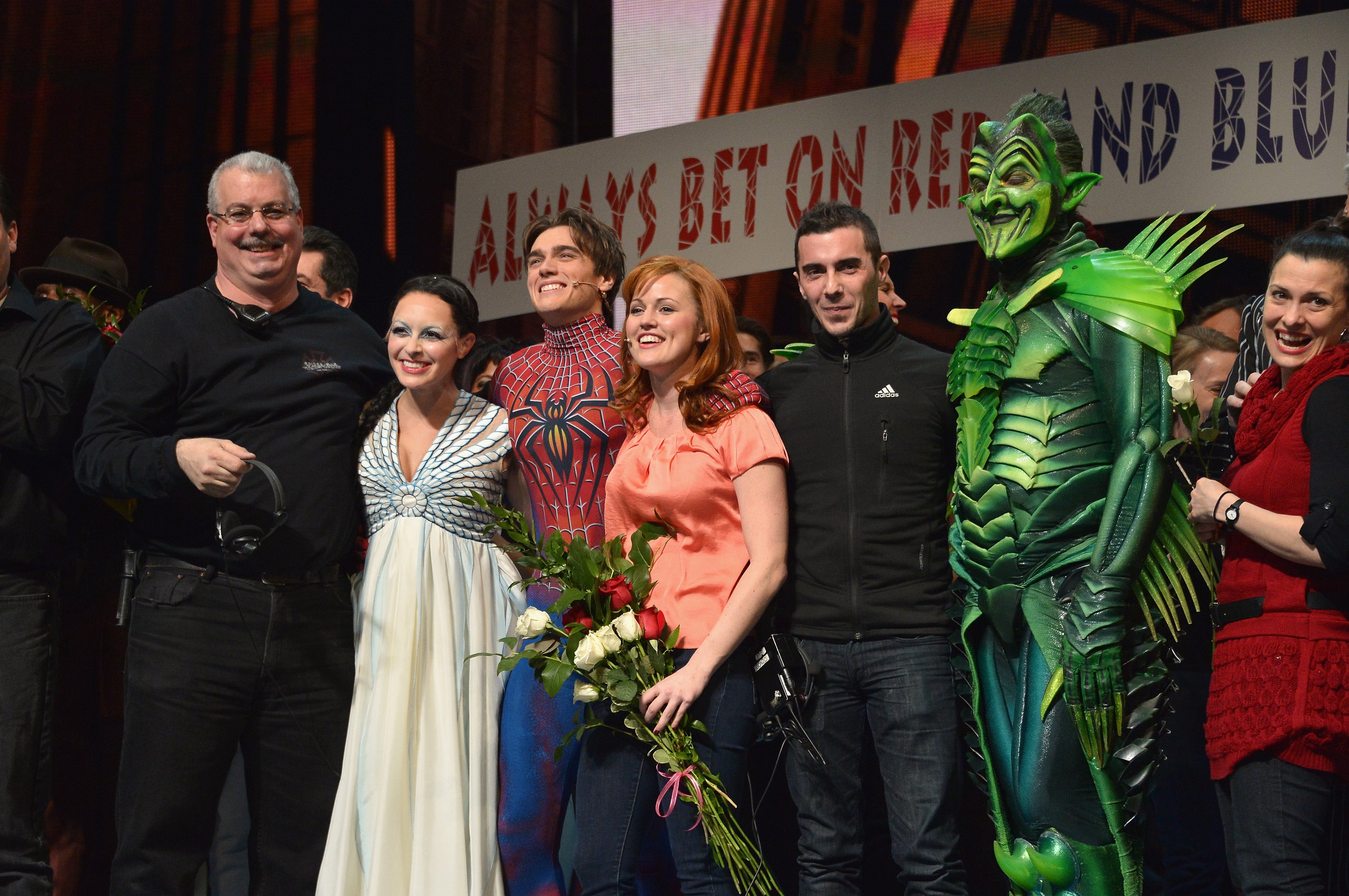 The cast and crew of ‘Spider-Man: Turn Off The Dark’ at the curtain call following the final performance in January 2014