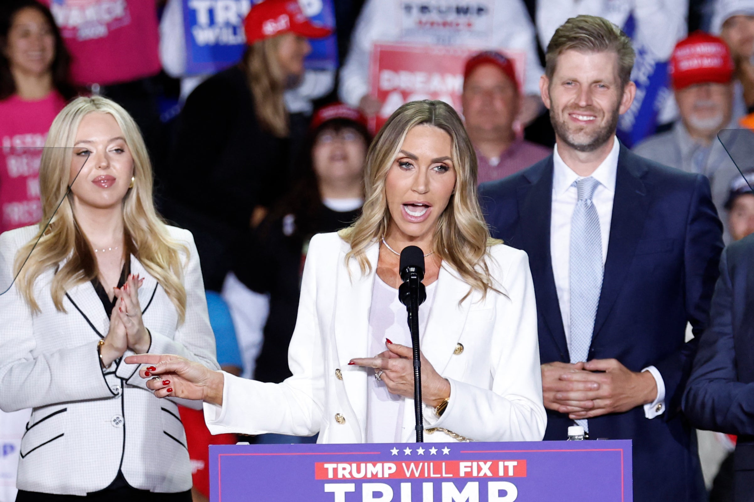 Co-chair of the Republican National Committee Lara Trump speaks during a campaign rally at Van Andel Arena in Grand Rapids, Michigan on November 5, 2024. She launched her own activewear brand this week