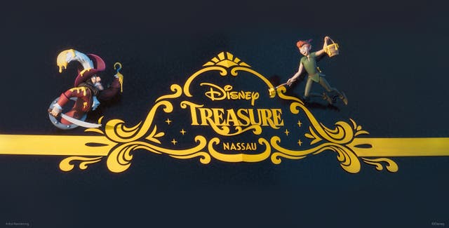 <p>Captain Hook and Peter Pan are on the stern of Disney Treasure</p>