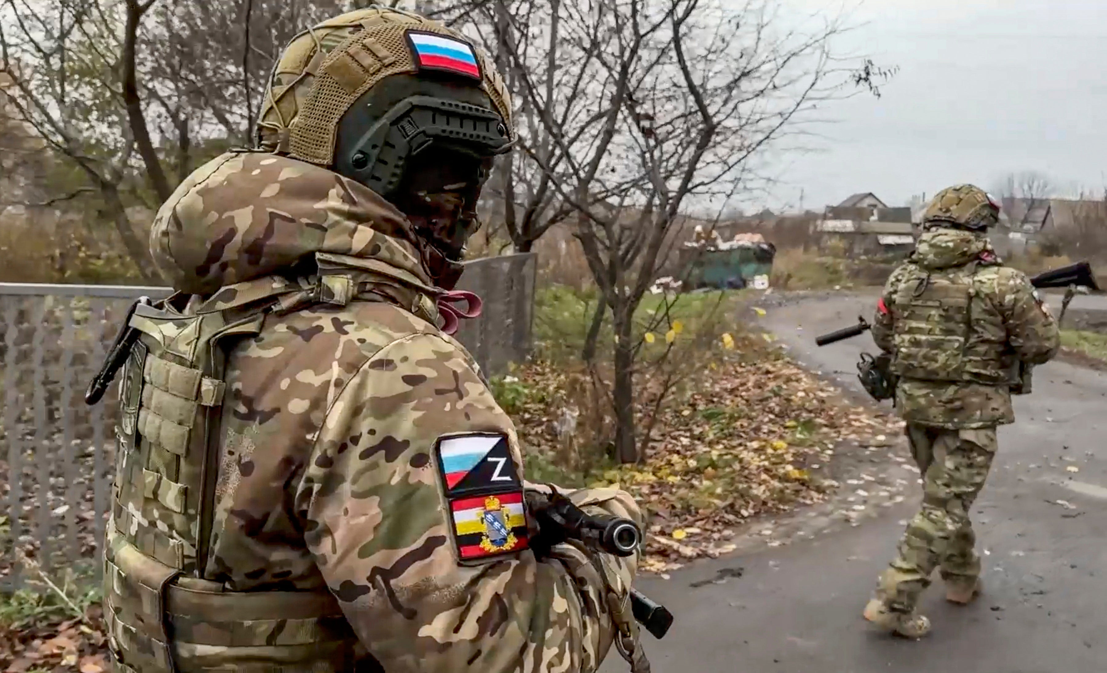 Russian military volunteers of the 'Bars-Kursk' formation patrolling in the village of Korenevo, Kursk region