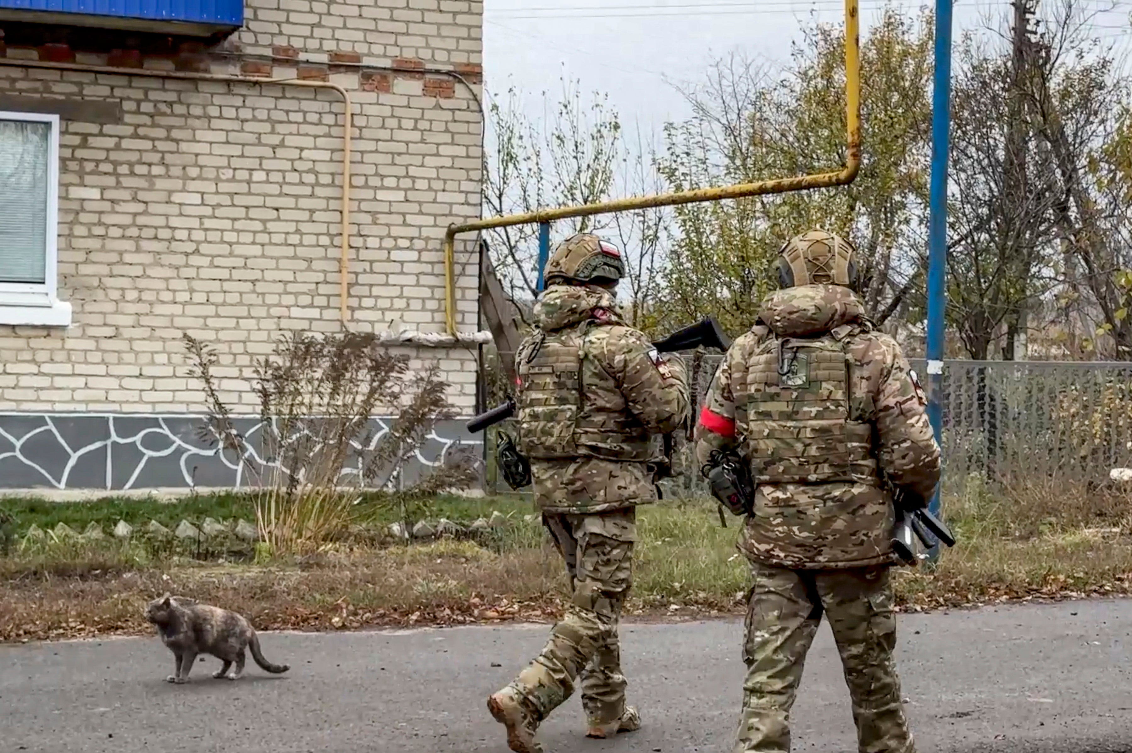 A cat stands next to two Russian military volunteers in Kursk