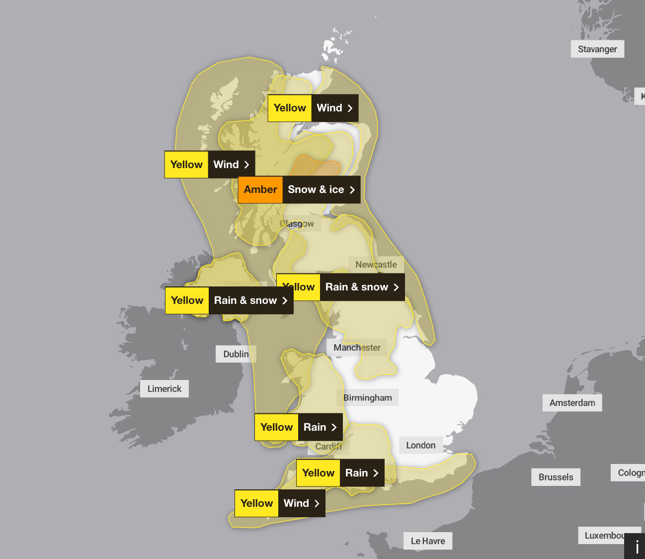 There are eight Met Office weather warnings in place across the UK on Saturday and Sunday