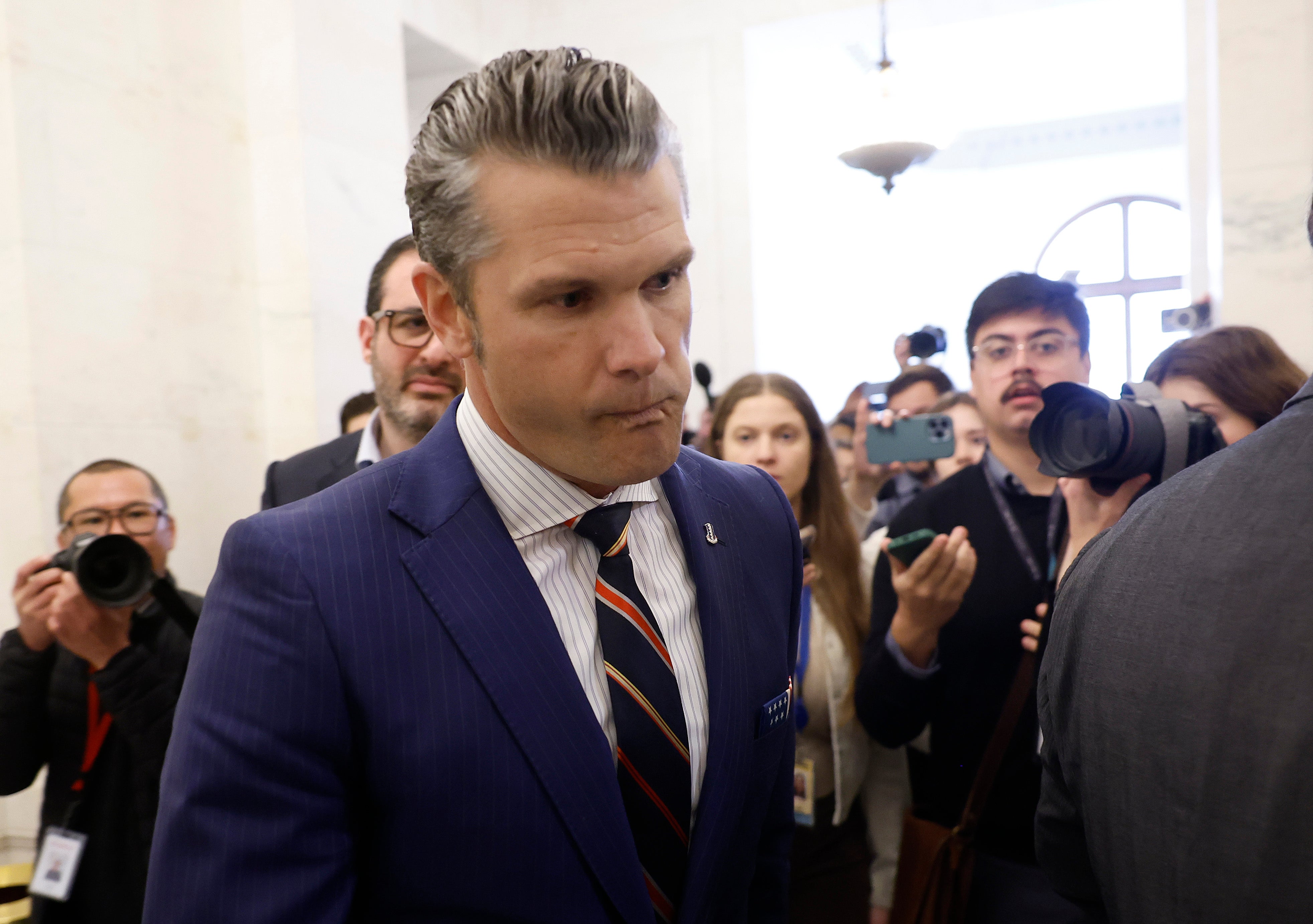 President-elect Donald Trump's nominee to be Secretary of Defense Pete Hegseth leaves the Russell Senate Office Building on November 21, 2024 in Washington, DC. Hegseth faces allegations of sexual misconduct