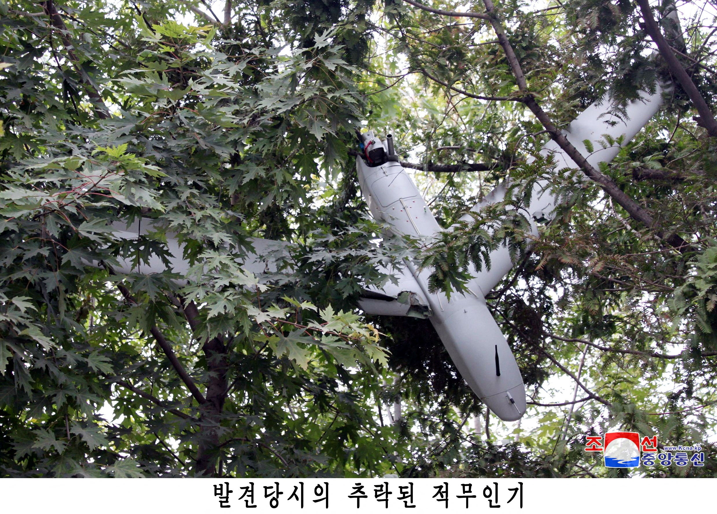 Remains of a crashed drone are shown in a photo released by North Korea’s official Korean Central News Agency