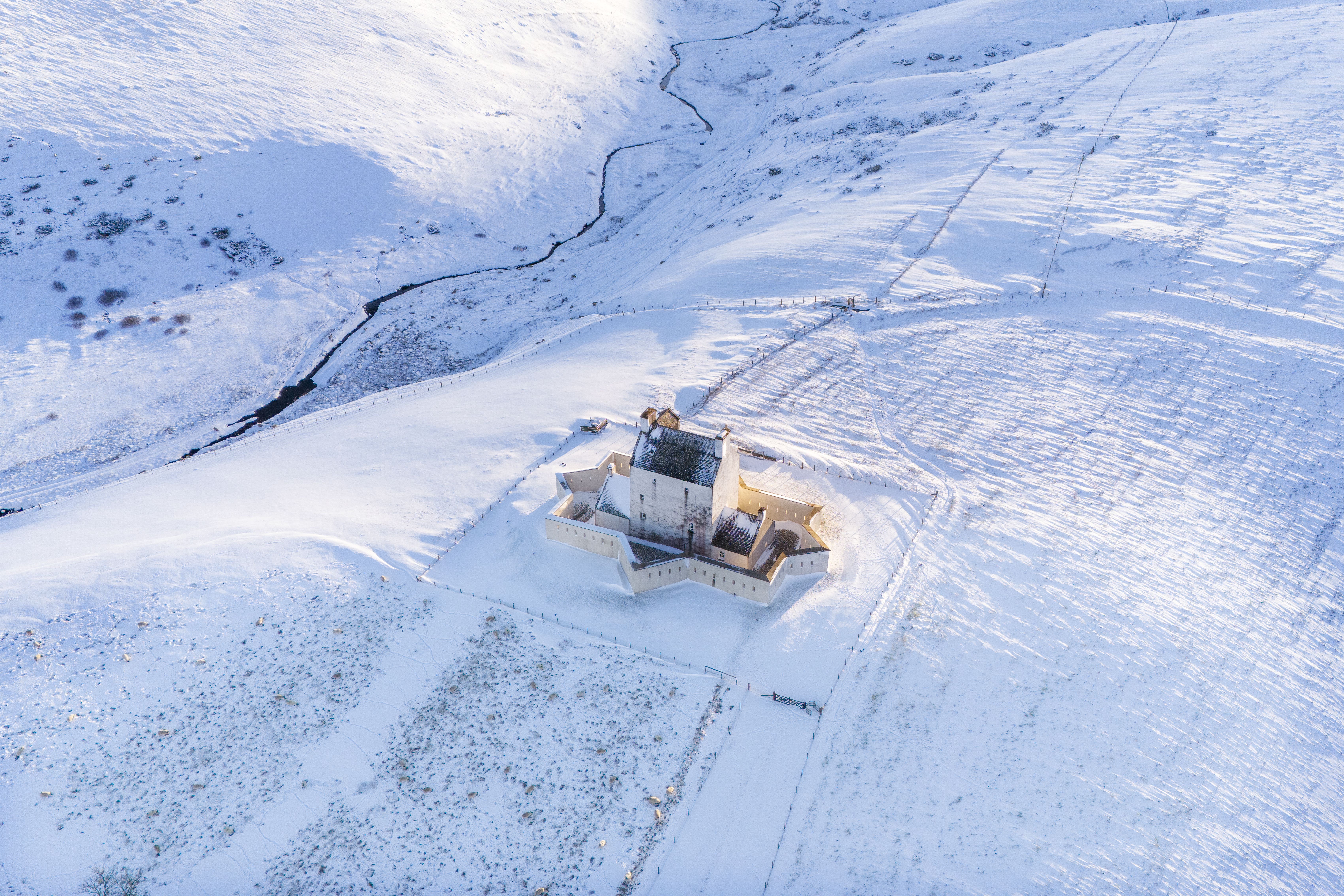 Corgarff Castle in Aberdeenshire, surrounded by snow