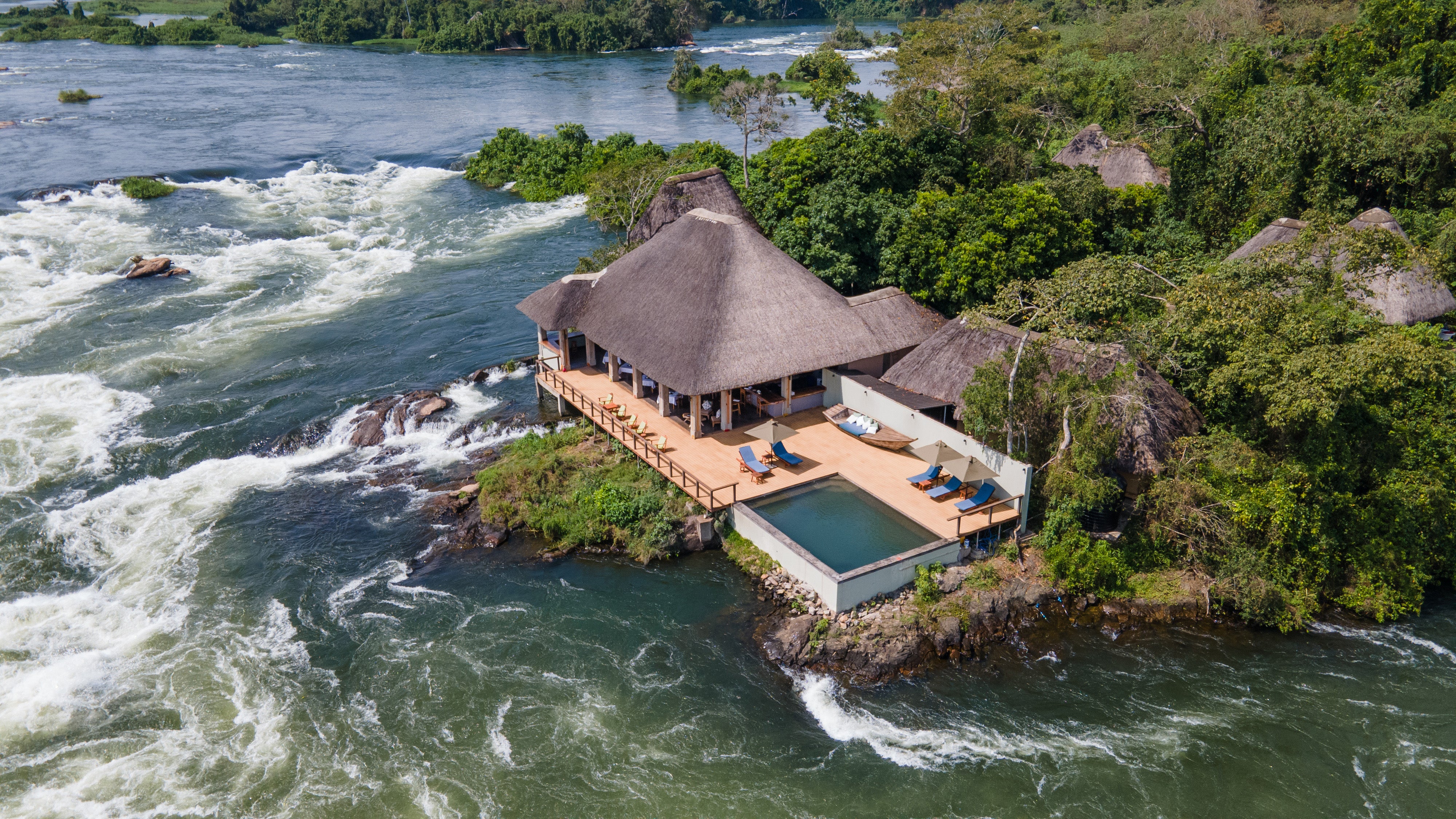 Wildwaters Lodge sits on a private island on the River Nile near Jinja in eastern Uganda