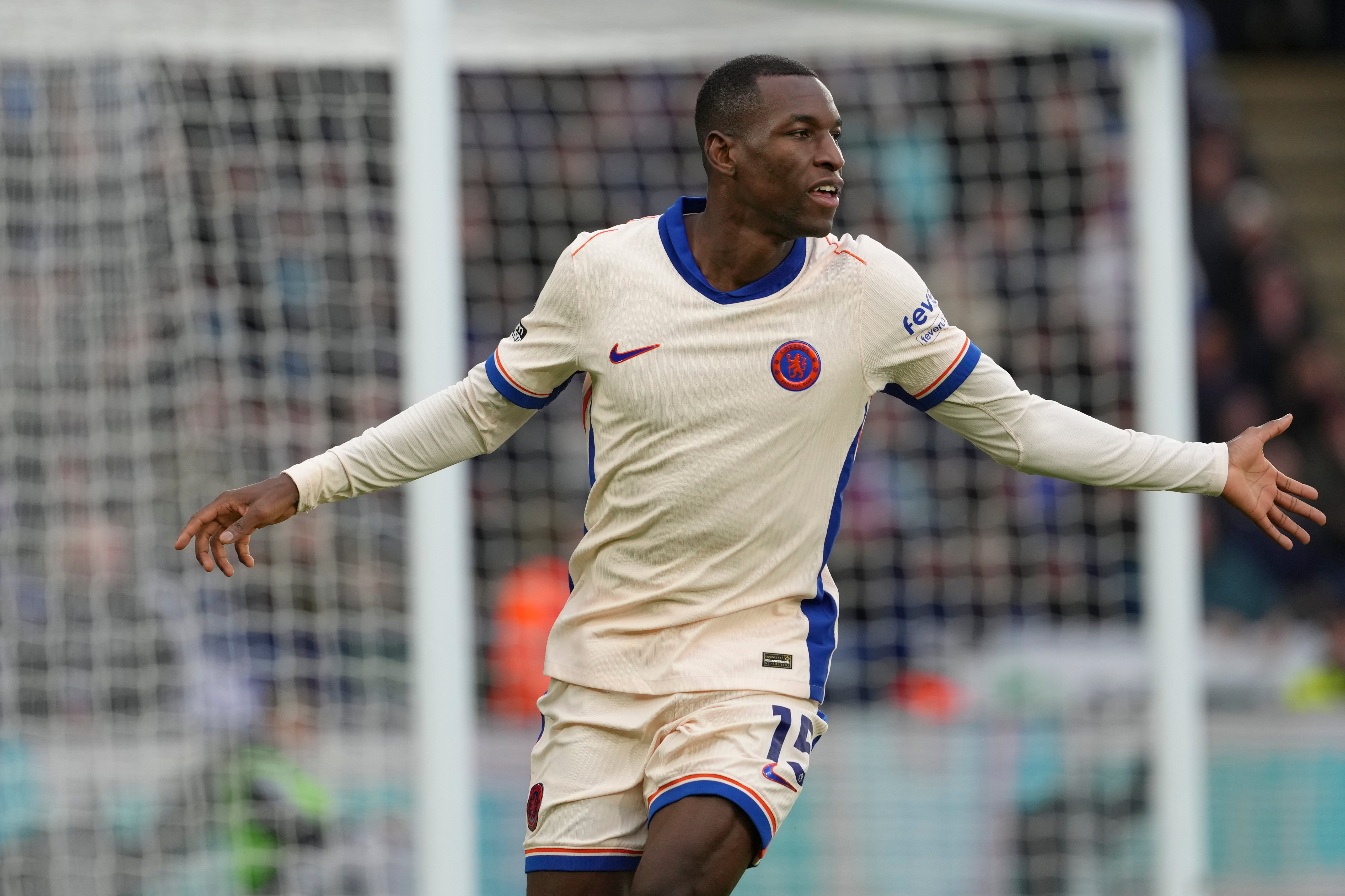 Nicolas Jackson celebrates opening the scoring for Chelsea at Leicester