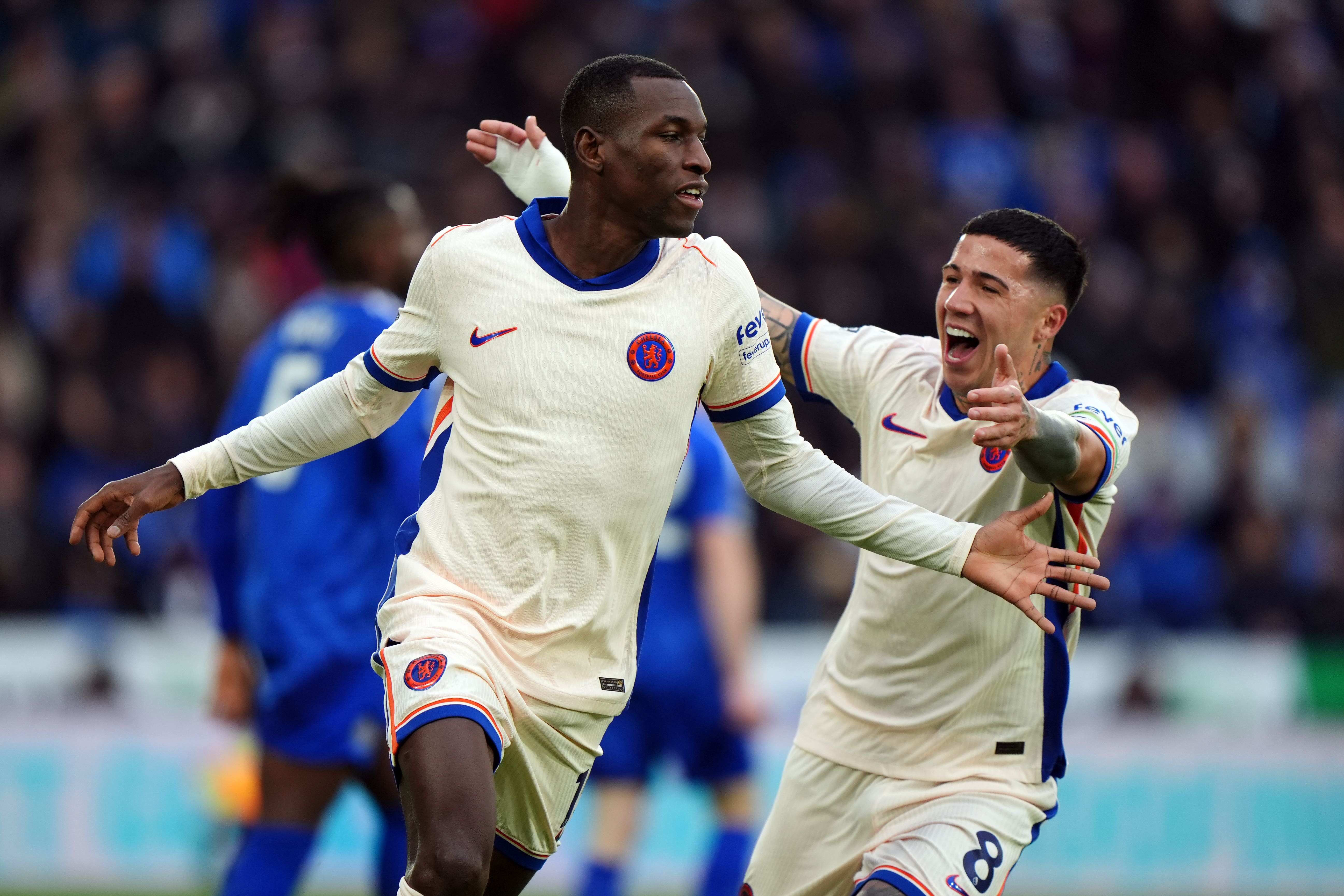 Chelsea’s Nicolas Jackson celebrates his opener at Leicester (Bradley Collyer/PA).