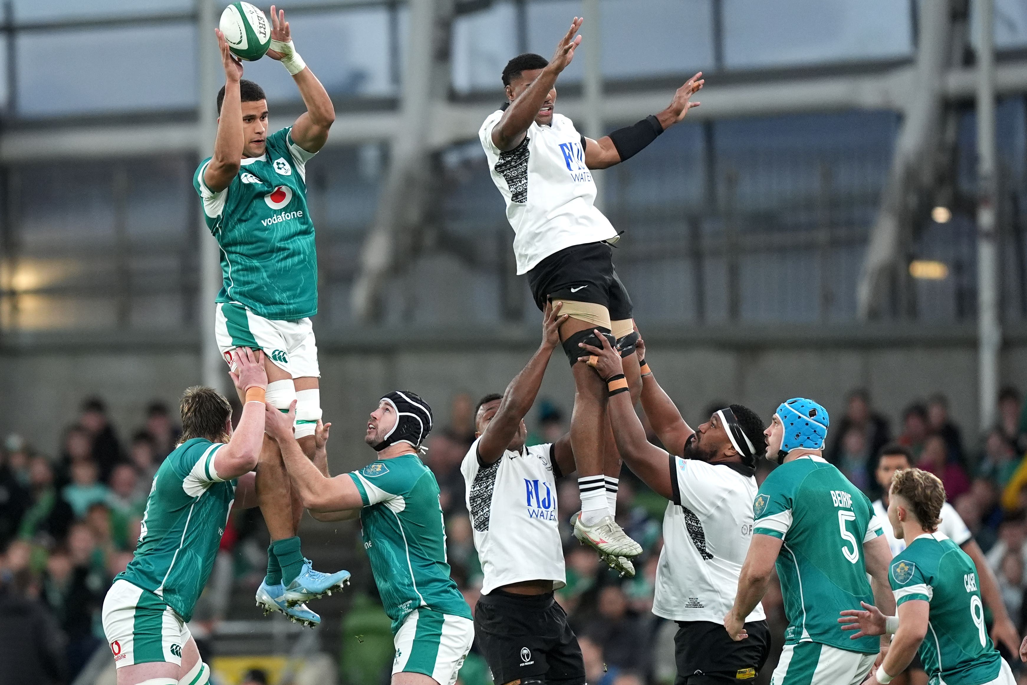 Ireland’s Cormac Izuchukwu, with ball, made his Ireland debut against Fiji (Niall Carson/PA)