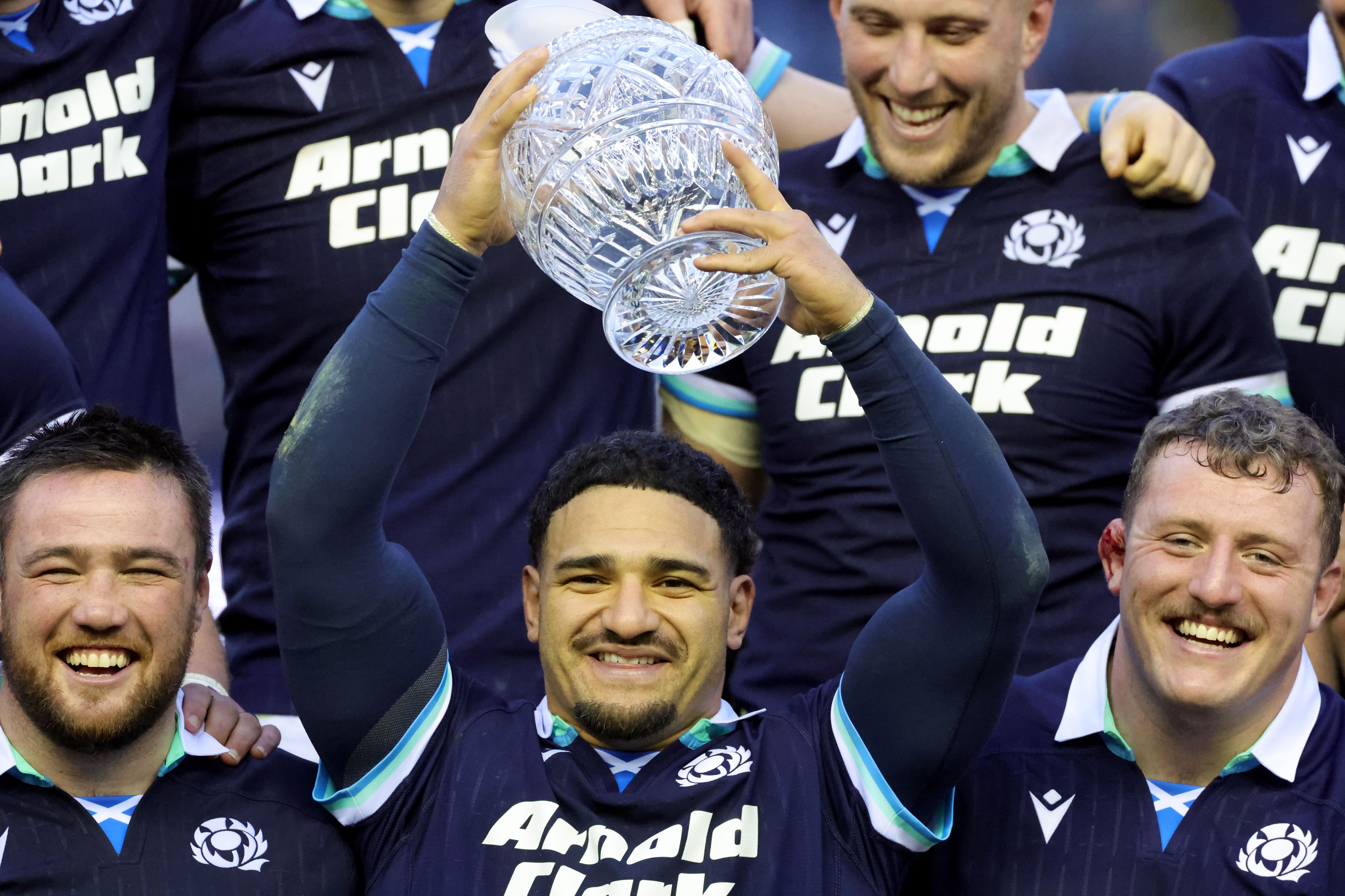 Sione Tuipulotu holds the Hopetoun Cup aloft (Andrew Milligan/PA)