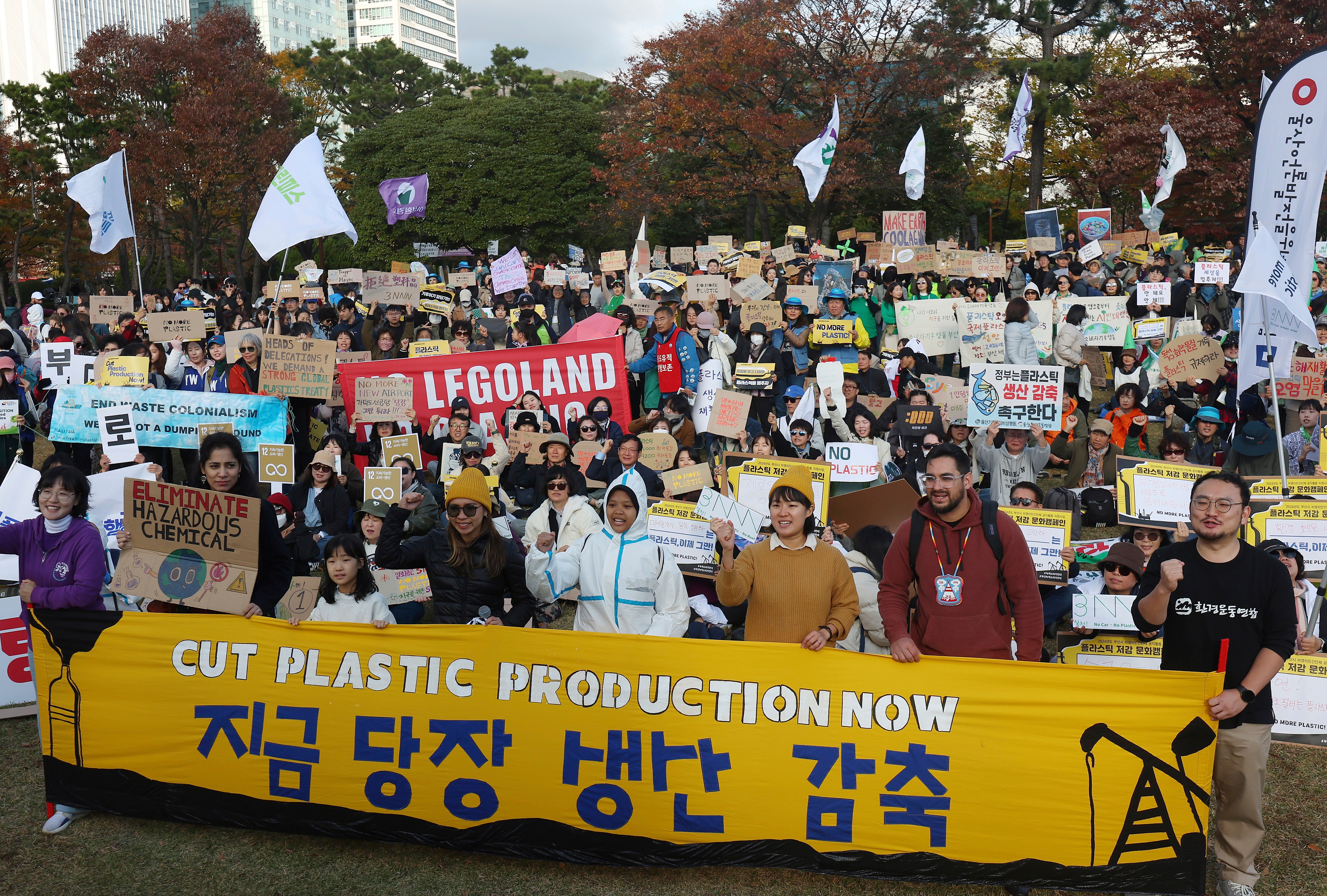 Environment activists stage a rally calling for a strong global plastics treaty ahead of the fifth session of the Intergovernmental Negotiating Committee on Plastic Pollution which sets to be held from 25 Nov to 1 Dec in Busan, South Korea