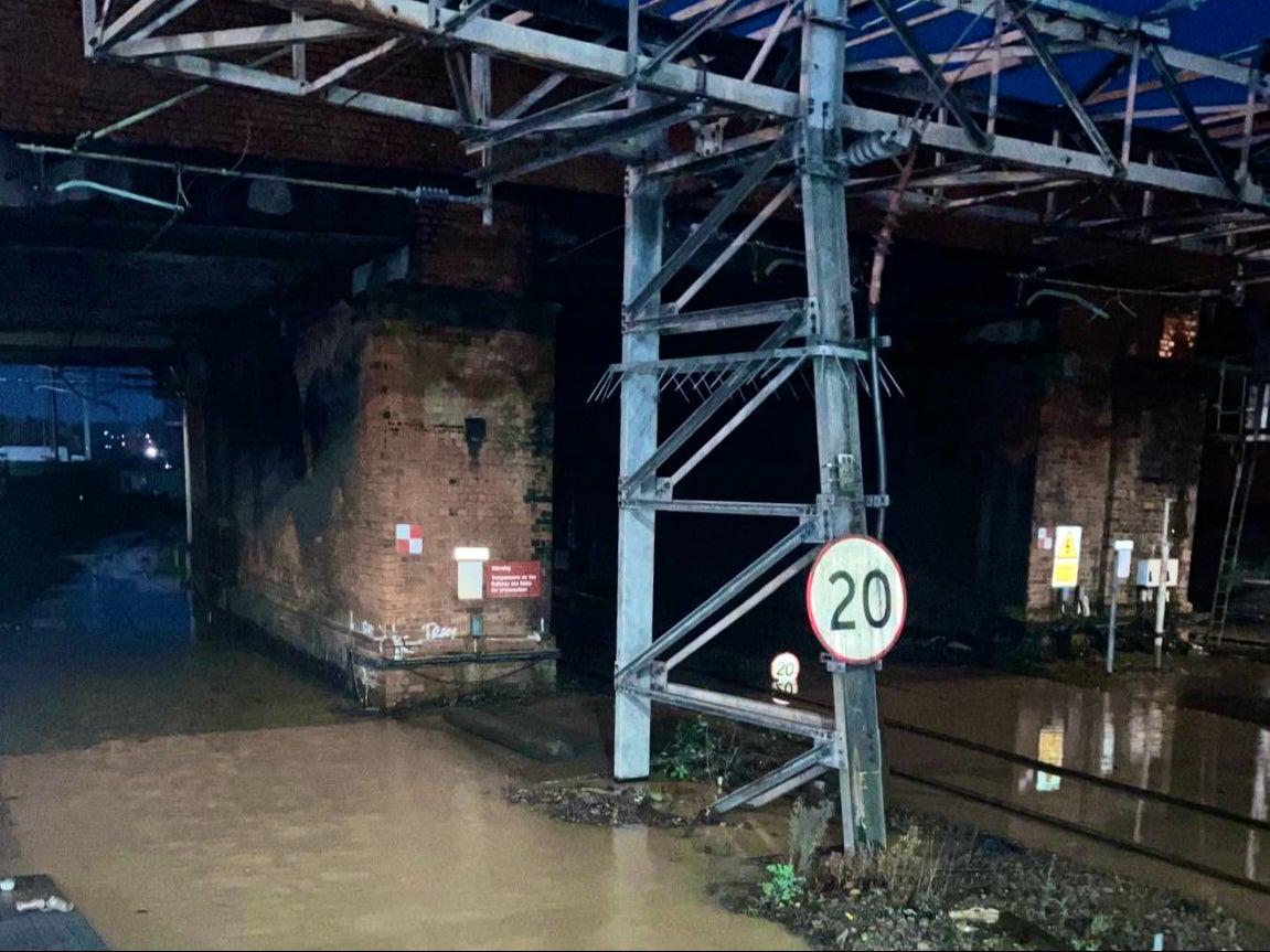 Off limits: The flooded railway line at Northampton