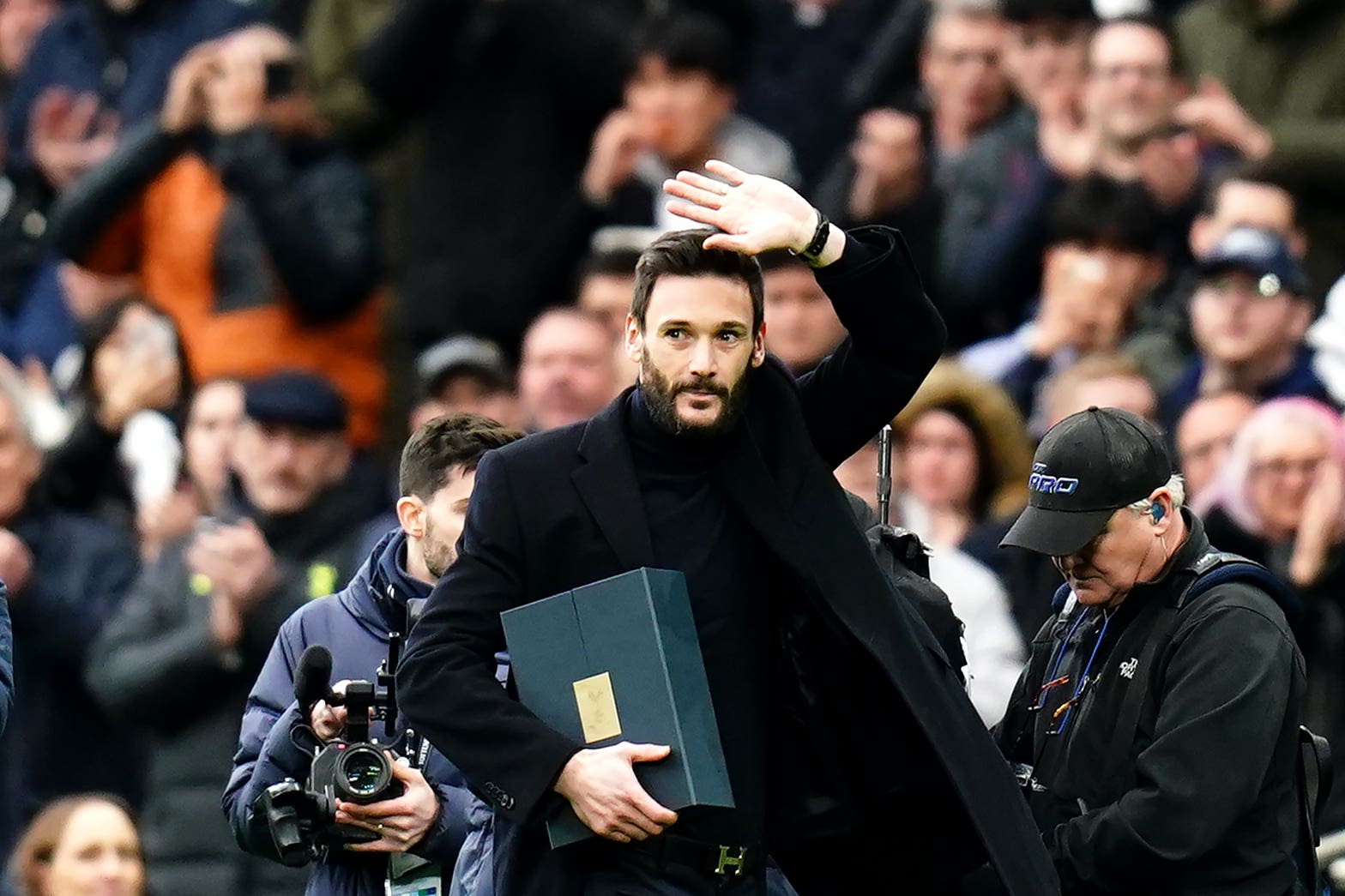 Hugo Lloris during a farewell presentation at Tottenham Hotspur Stadium on New Year’s Eve in 2023 (John Walton/PA)