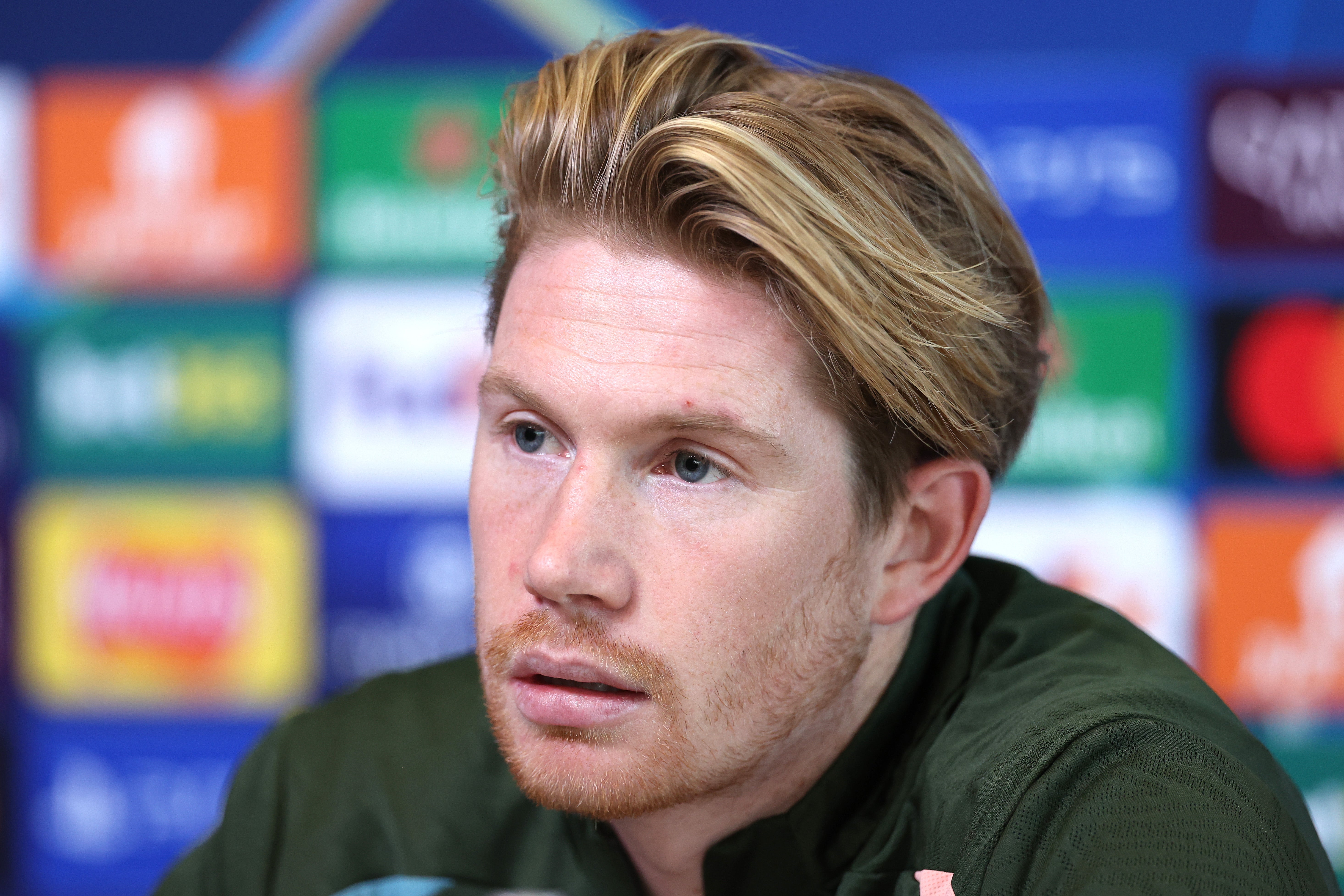 Kevin De Bruyne of Manchester City speaks before the Feyenoord match