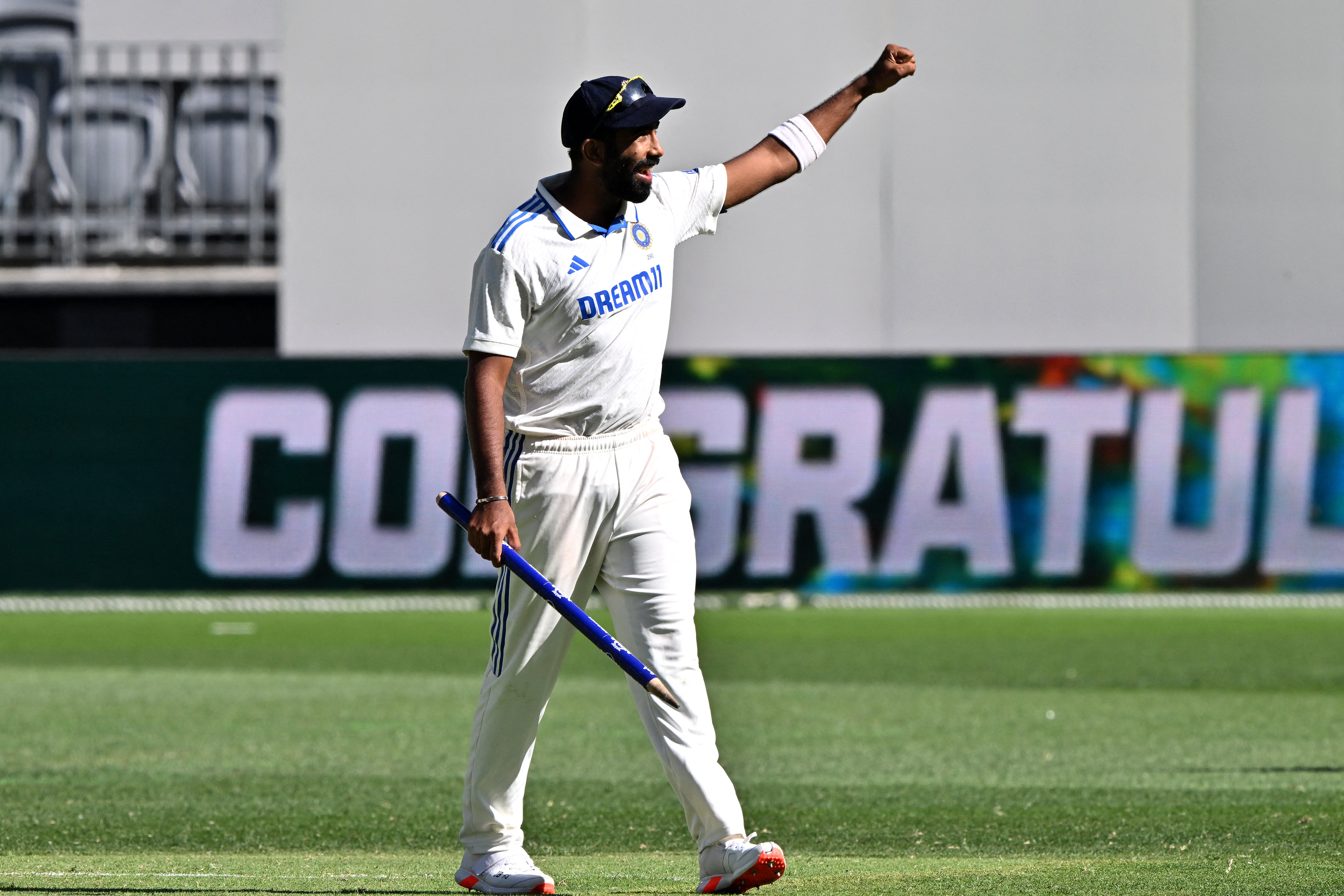 India's Jasprit Bumrah celebrates victory