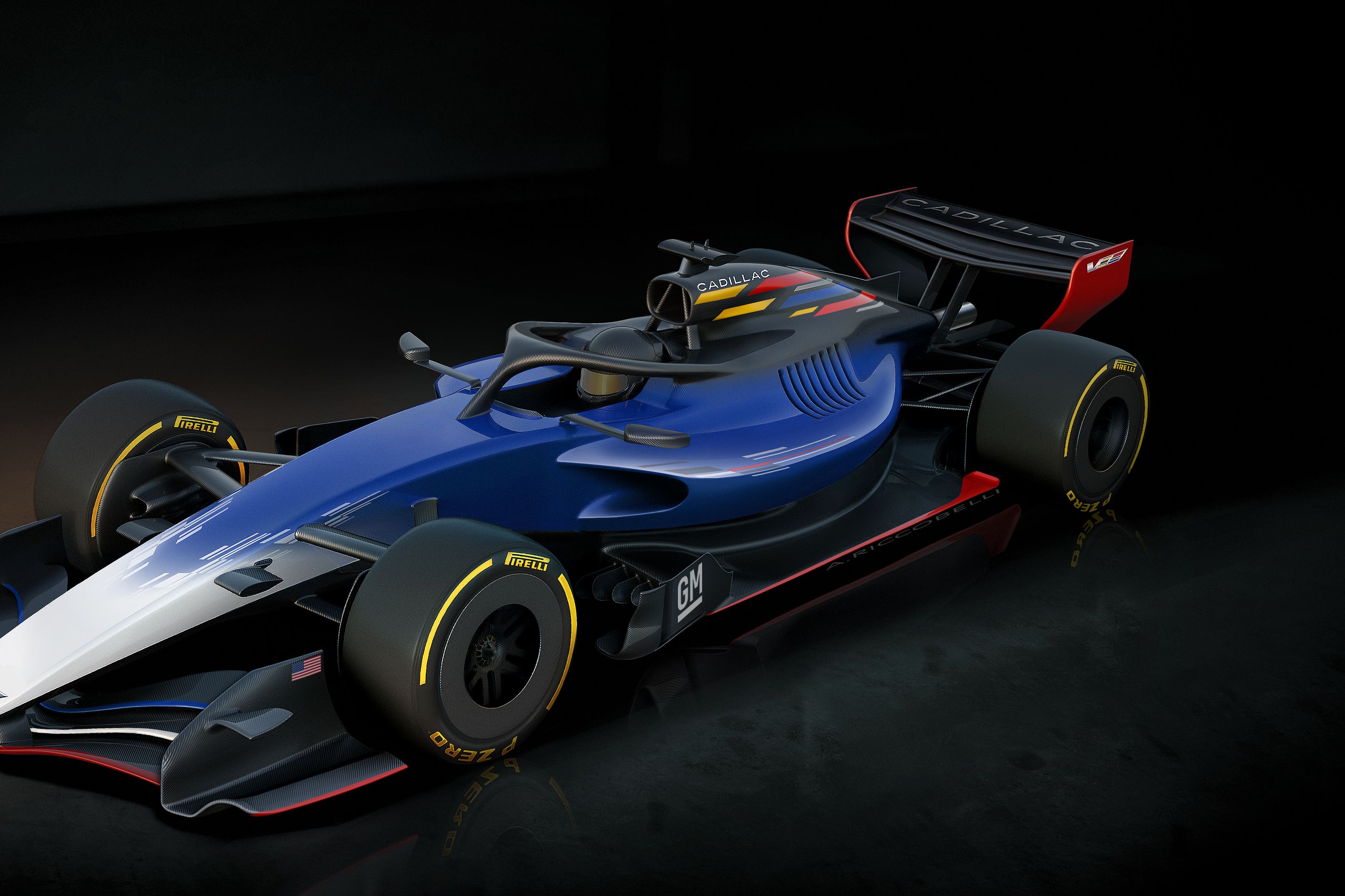 The GM design rendering of the Cadillac F1 team’s conceptual theme pays tribute to the brand’s American heritage