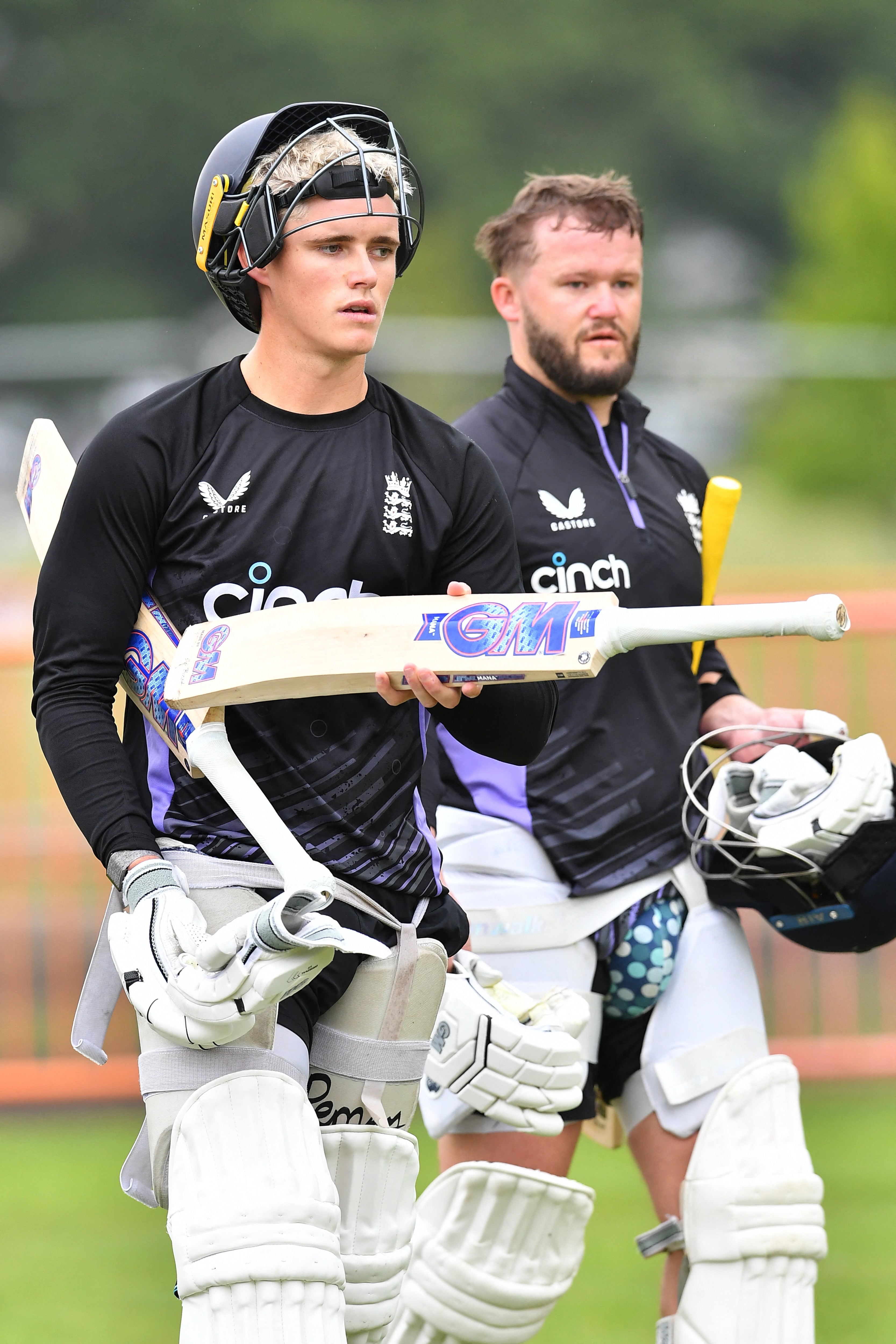 Jacob Bethell and Ben Duckett take part in a training session