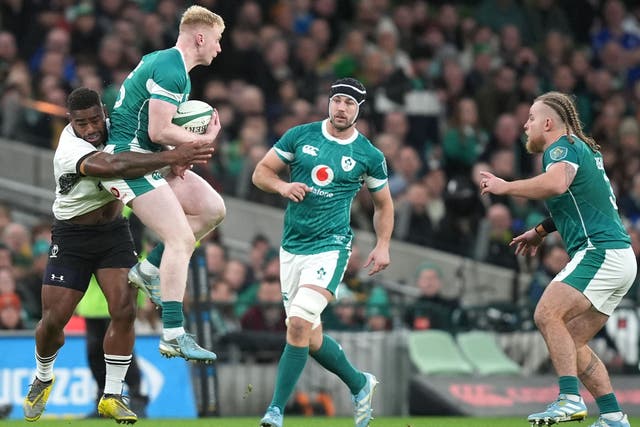 Ireland’s Jamie Osborne, with ball, suffered a groin injury against Fiji (Niall Carson/PA)