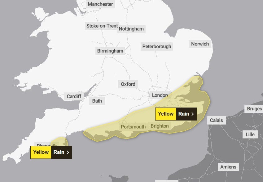 The yellow rain warning covers southern England, including Kent, Sussex and the Isle of Wight, and a small area around Plymouth in Devon from 10pm on Tuesday to midday on Wednesday