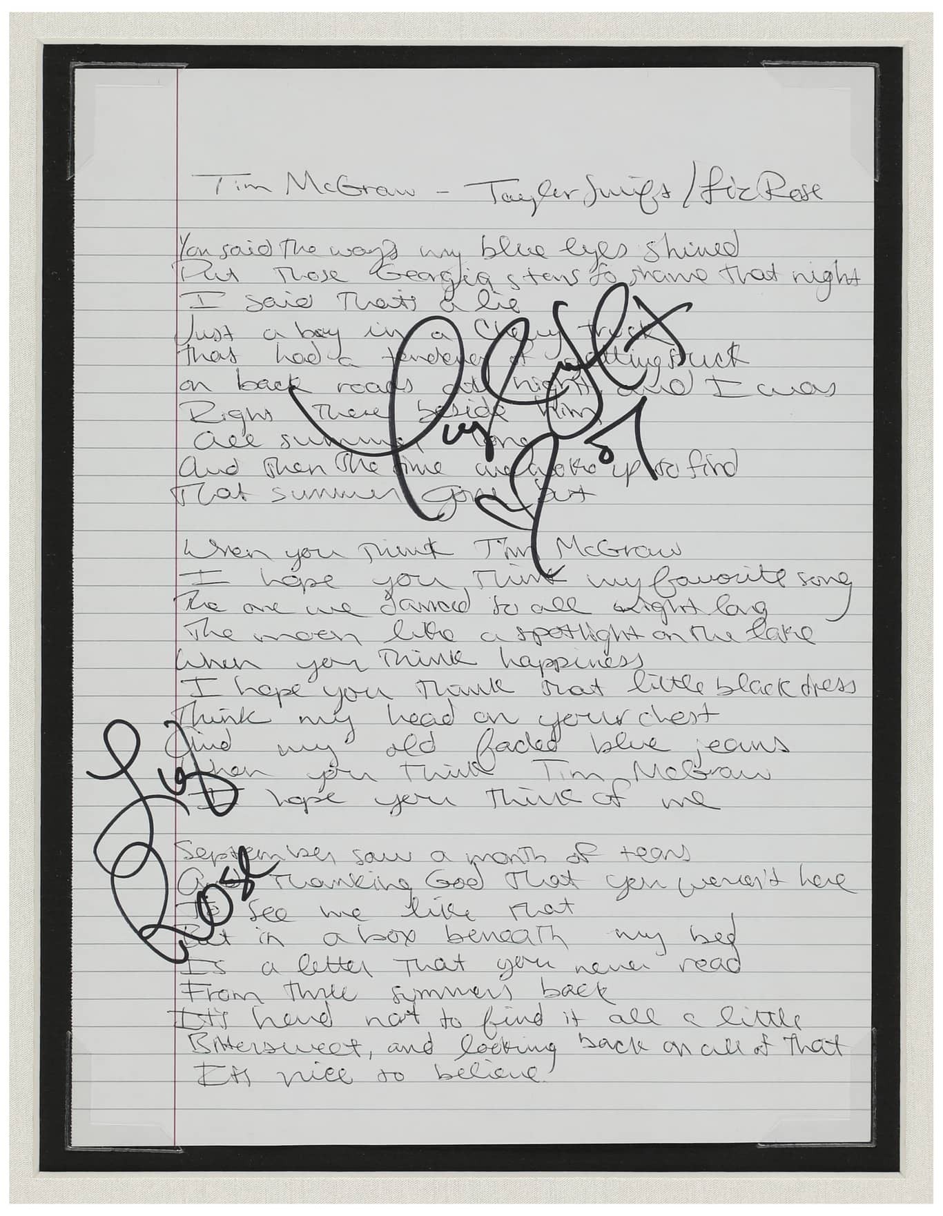 A “Tim McGraw” lyric sheet, signed by co-writers by Taylor Swift and Liz Rose