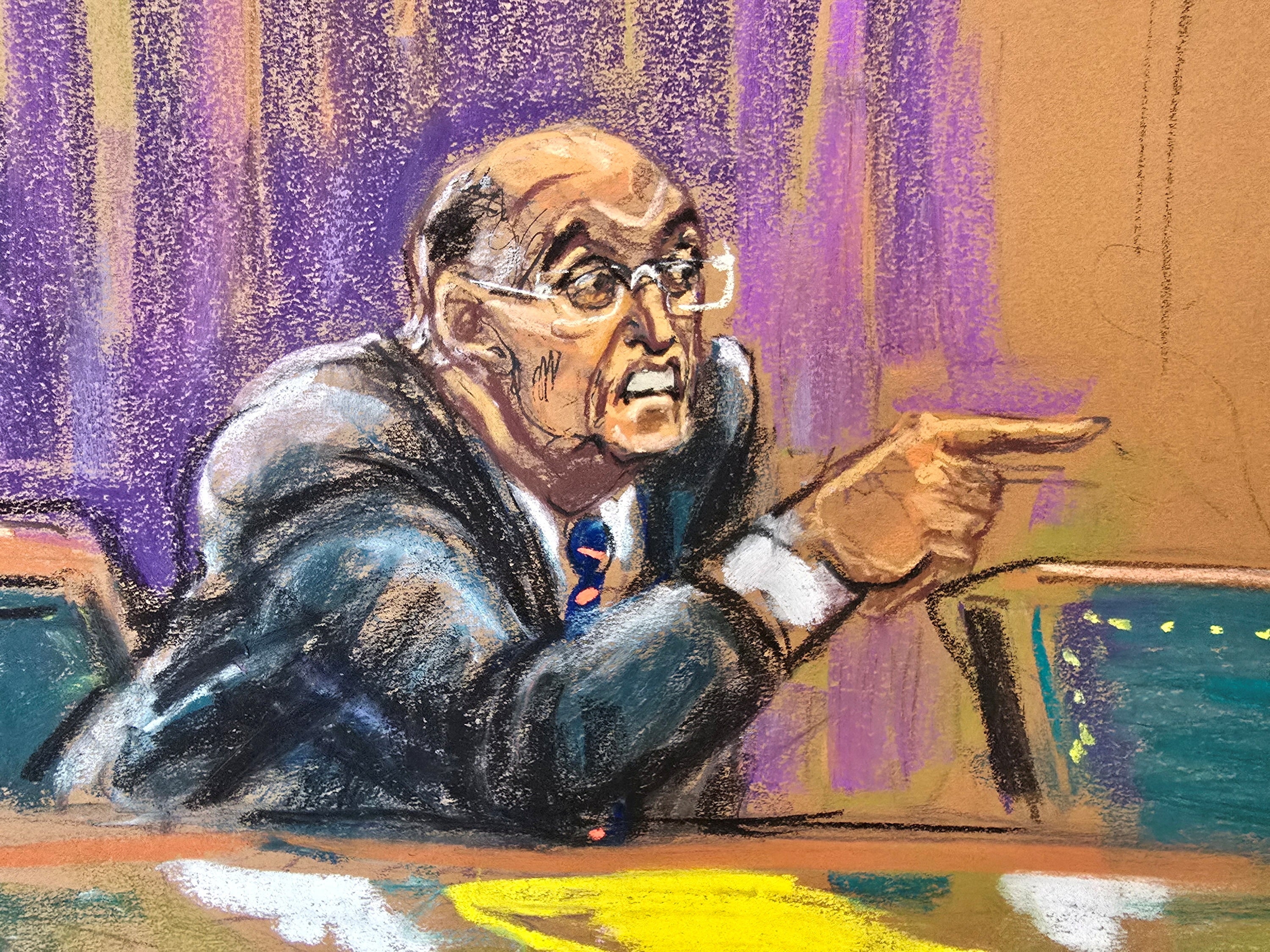 A court sketch depicts Rudy Giuliani lashing out in court after a federal judge admonished the former New York City mayor for failing to stick to court orders in a long-running defamation case.